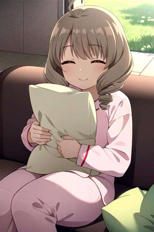 <lora:akiho_scc:0.7> masterpiece, best quality, 1girl, solo, looking at viewer, smile, closed eyes, grey hair, ahoge, indoors, drill hair, grass, twin drills, pink pajamas, couch, sleeping, , pillow hug, 