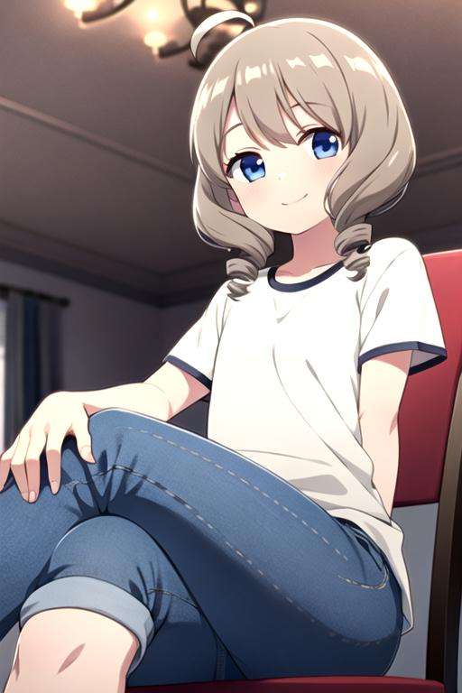 <lora:akiho_scc:0.7> masterpiece, best quality, 1girl, solo, looking at viewer, smile, blue eyes, grey hair, ahoge, indoors, drill hair, grass, twin drills, black shirt, short sleeves, jeans, sitting, chair, crossed legs, 