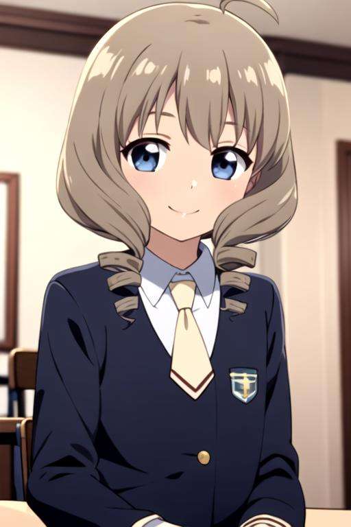 <lora:akiho_scc:0.7> masterpiece, best quality, 1girl, solo, looking at viewer, smile, blue eyes, grey hair, school uniform, ahoge, indoors, upper body, necktie, drill hair, grass, twin drills