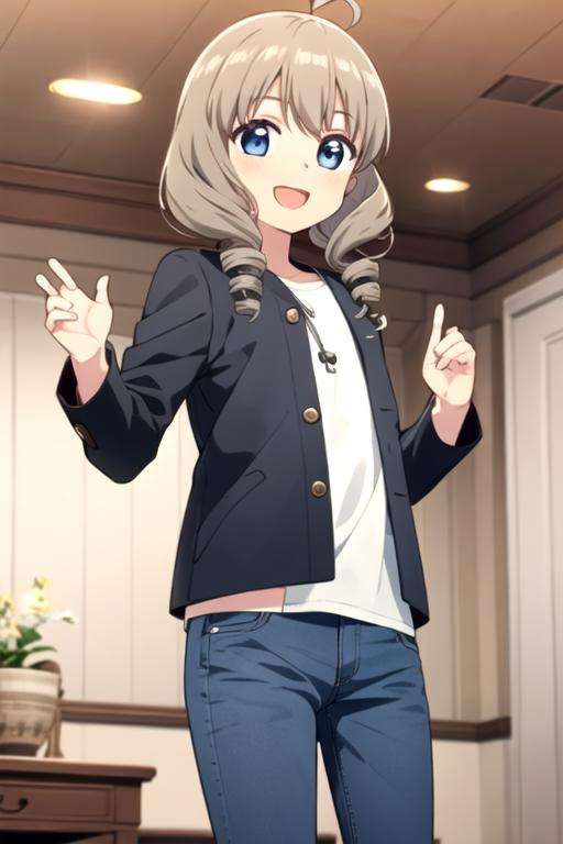 <lora:akiho_scc:0.7> masterpiece, best quality, 1girl, solo, blue eyes, grey hair, ahoge, indoors, drill hair, twin drills, white shirt, black jacket, open jacket, jeans, indoors, smile, open mouth, 