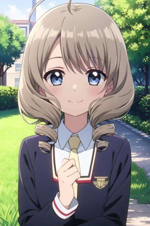 <lora:akiho_scc:0.7> masterpiece, best quality, 1girl, solo, looking at viewer, smile, blue eyes, grey hair, school uniform, ahoge, outdoors, upper body, necktie, drill hair, grass, twin drills