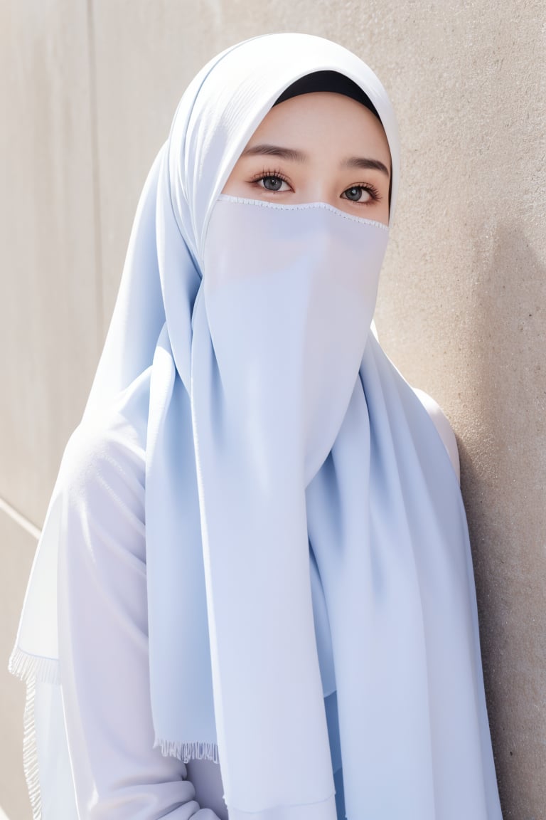 masterpiece, best quality, highres, 18yo old cute girl, Veil hijab, (upper body), scarf, (white scarf), (sweater), ((wall background)), 32k, 8k, high_resolution,graveline,perfect light, 