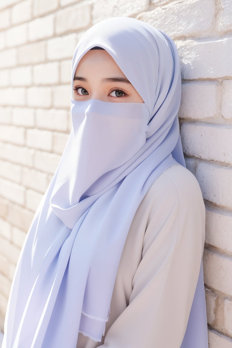 masterpiece, best quality, highres, 18yo old cute girl, Veil hijab, (upper body), scarf, (white scarf), (sweater), ((wall background)), 32k, 8k, high_resolution,graveline,perfect light, 