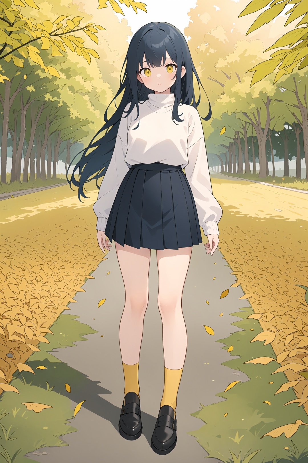  Black long hair, white sweater, blue seven-point skirt, white socks, black matte leather shoes, ((sideways)), (((looking at the camera))), standing on the green grass, ((( the distant street rows of sycamores leaves yellow))), (((the ground spread yellow leaves, full body))), bj_Gundam_Mecha,