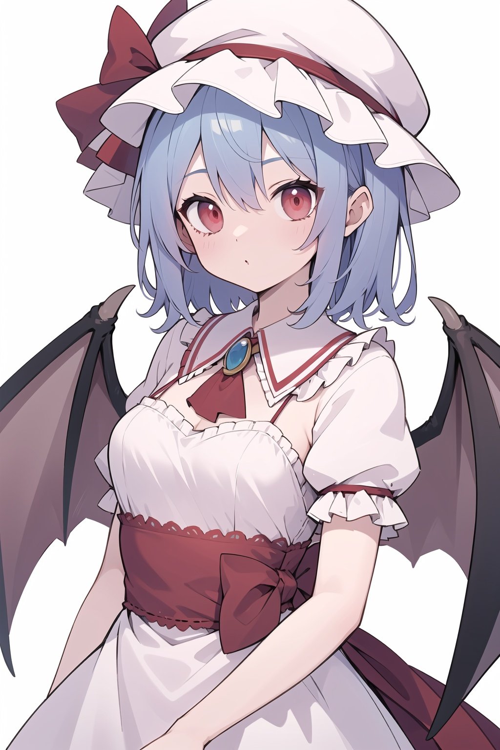 Remilia Scarlet, zun hat, extremely detailed lace, :), upper body, arms at sides, lace, Blue hair,