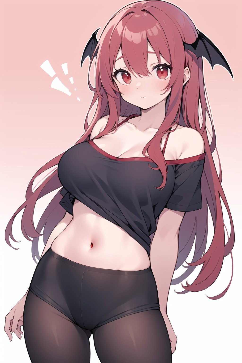 Koakuma, T-shirt, off shoulder, no legwear, upper body, arms at sides, large breasts, Red hair, red eyes, (Shy: 1.2), 