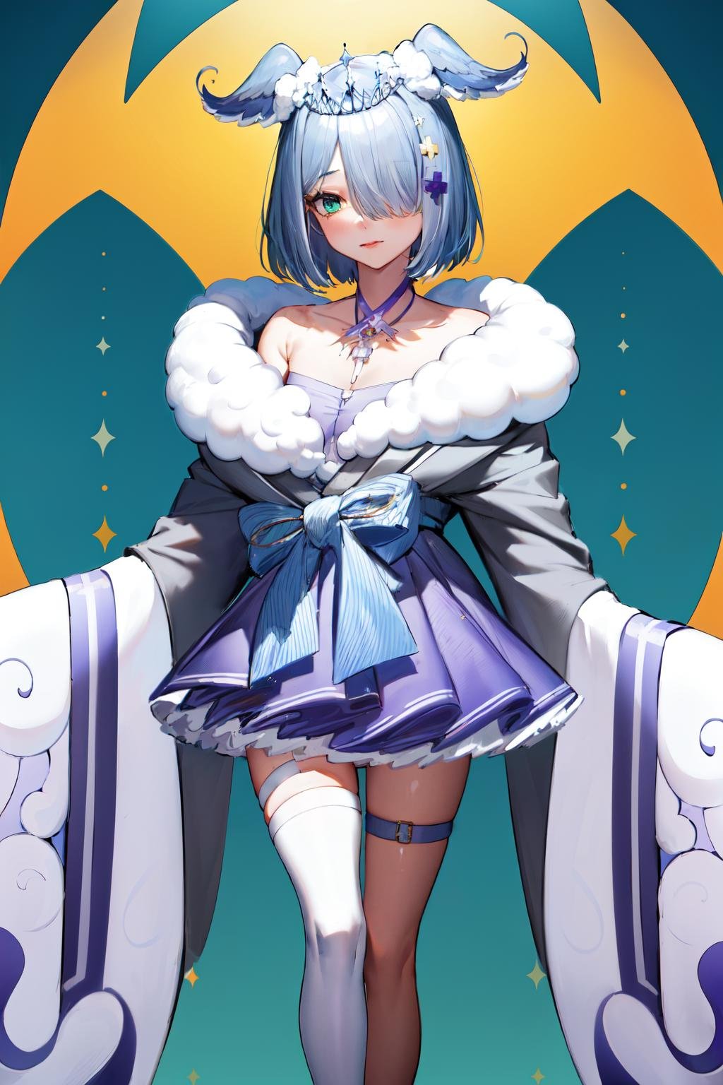 masterpiece, (detailed, highres, best quality), 1girl, elira2st, tiara, japanese clothes, grey kimono, wide sleeves, single thighhigh, purple skirt, off shoulder, necklace, fur trim, thigh strap, tabi, purple nails <lora:eliraPandora:1>