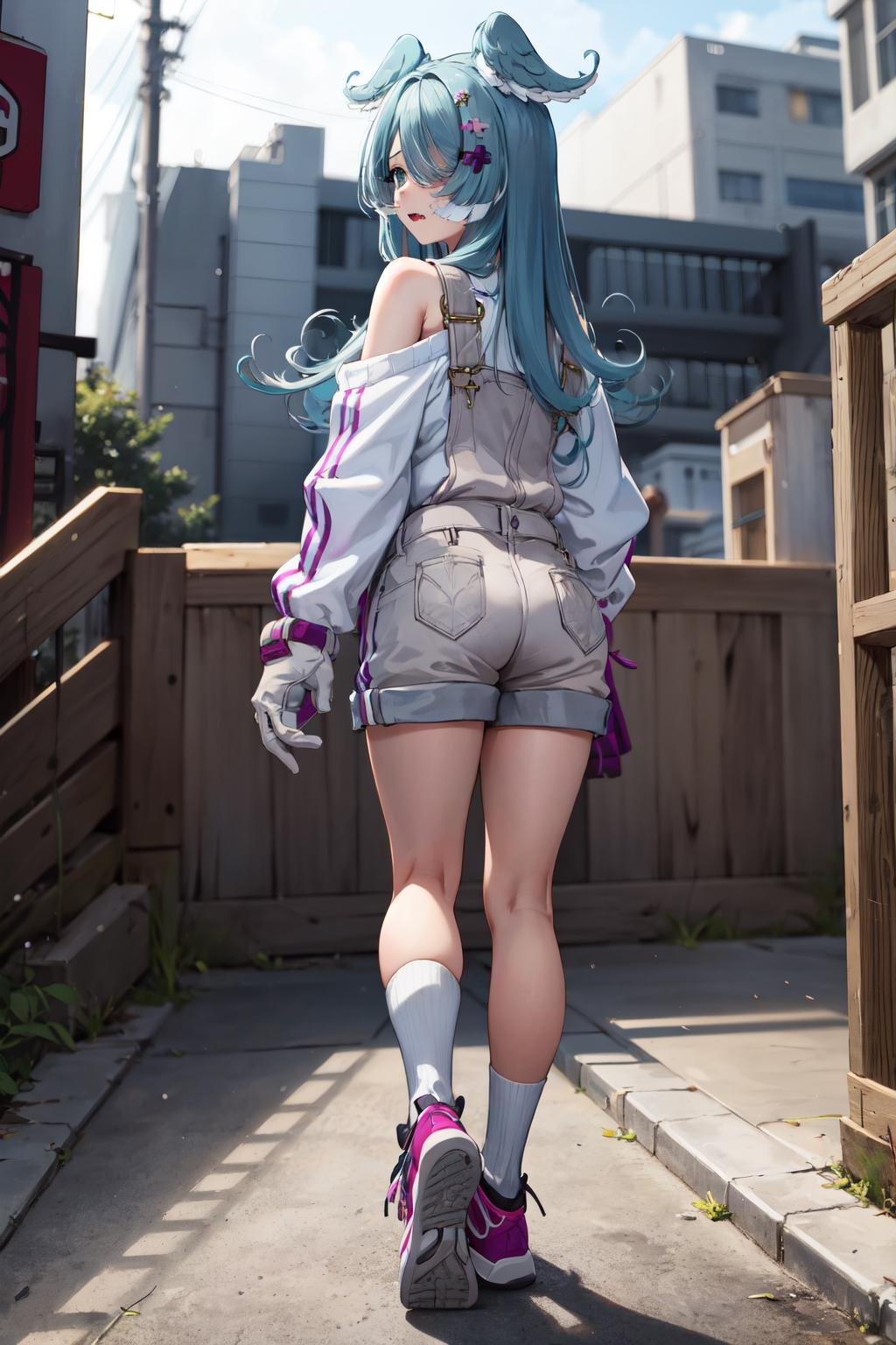 masterpiece, (detailed, highres, best quality), 1girl, elira1st, overalls, white sweater, sleeves past wrists, off shoulder, shorts, grey gloves, one eye covered, sneakers, fang, Three-Quarters Rear View, sad, Establishing shot <lora:eliraPandora:1>