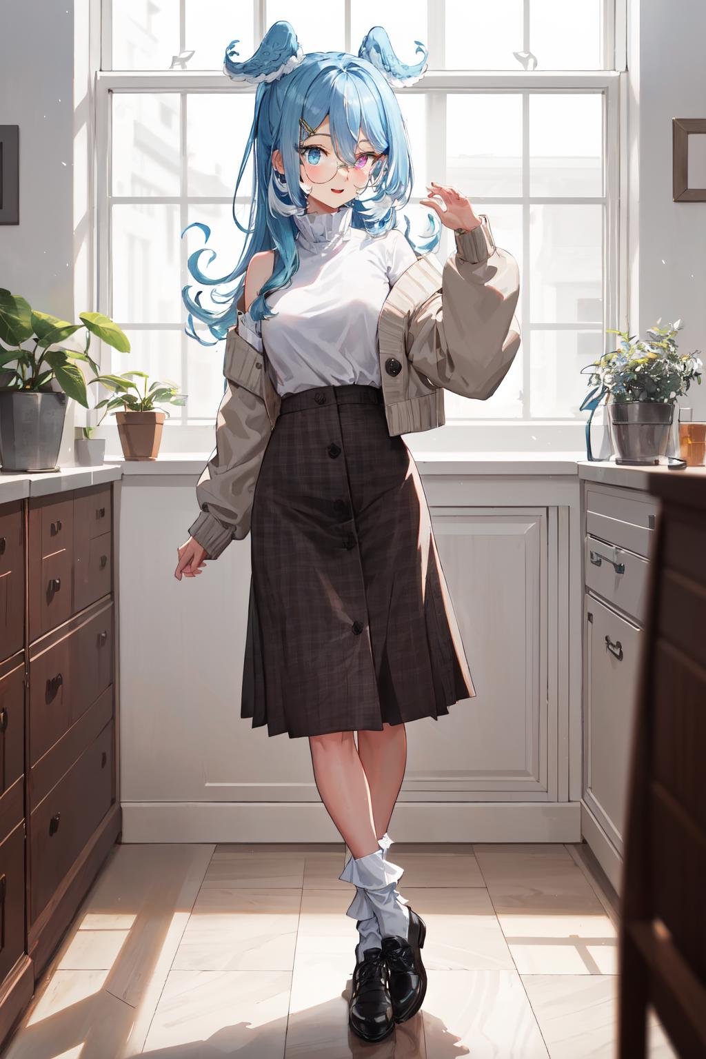 masterpiece, (detailed, highres, best quality), 1girl, elira3st, long hair, heterochromia, round glasses, off shoulder, cardigan sweater, long sleeves, high-waist skirt, long skirt, hairclip, white socks, black footwear, Fisheye-shot, excited, Long shot <lora:eliraPandora:1>