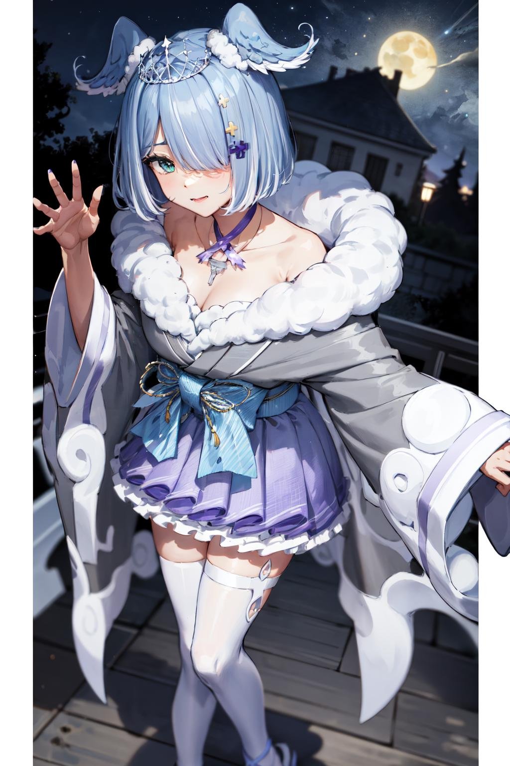 masterpiece, (detailed, highres, best quality), 1girl, elira2st, tiara, japanese clothes, grey kimono, wide sleeves, single thighhigh, purple skirt, off shoulder, necklace, fur trim, thigh strap, tabi, sandals, purple nails, Establishing shot, regretful, Front view <lora:eliraPandora:1>