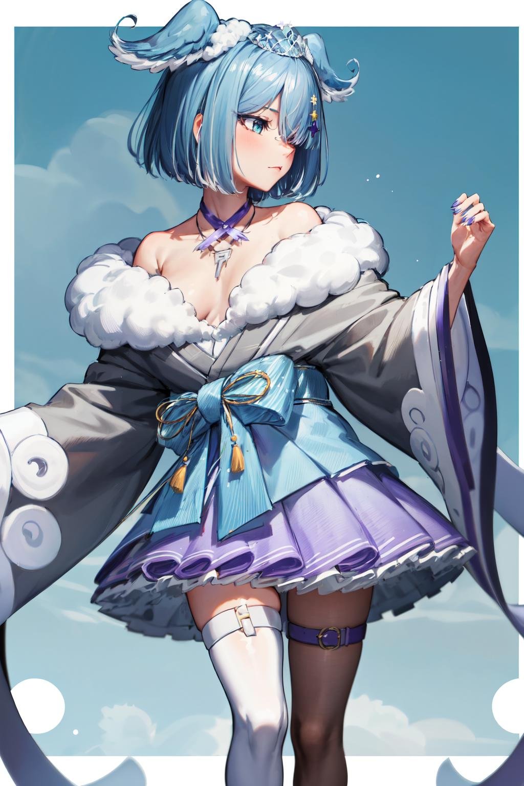 masterpiece, (detailed, highres, best quality), 1girl, elira2st, tiara, japanese clothes, grey kimono, wide sleeves, single thighhigh, purple skirt, off shoulder, necklace, fur trim, thigh strap, tabi, sandals, purple nails, HDRI, afraid, Profile View <lora:eliraPandora:1>