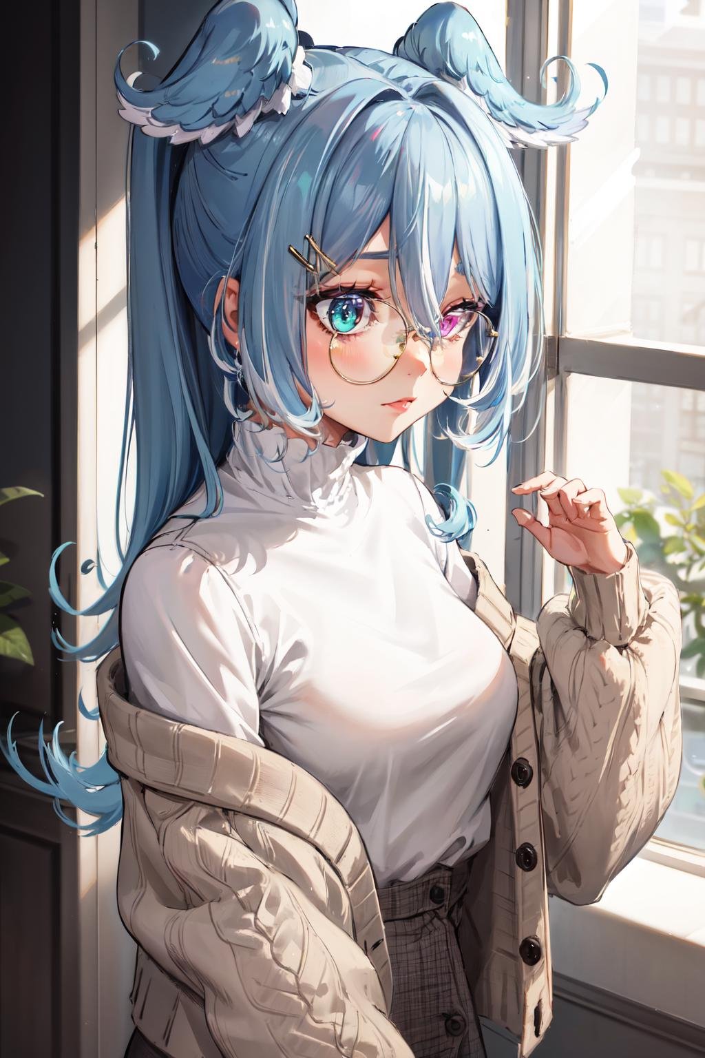 masterpiece, (detailed, highres, best quality), 1girl, elira3st, heterochromia, round glasses, off shoulder, cardigan sweater, high-waist skirt, hairclip, Medium close-up, shy, Three quarters View <lora:eliraPandora:1>