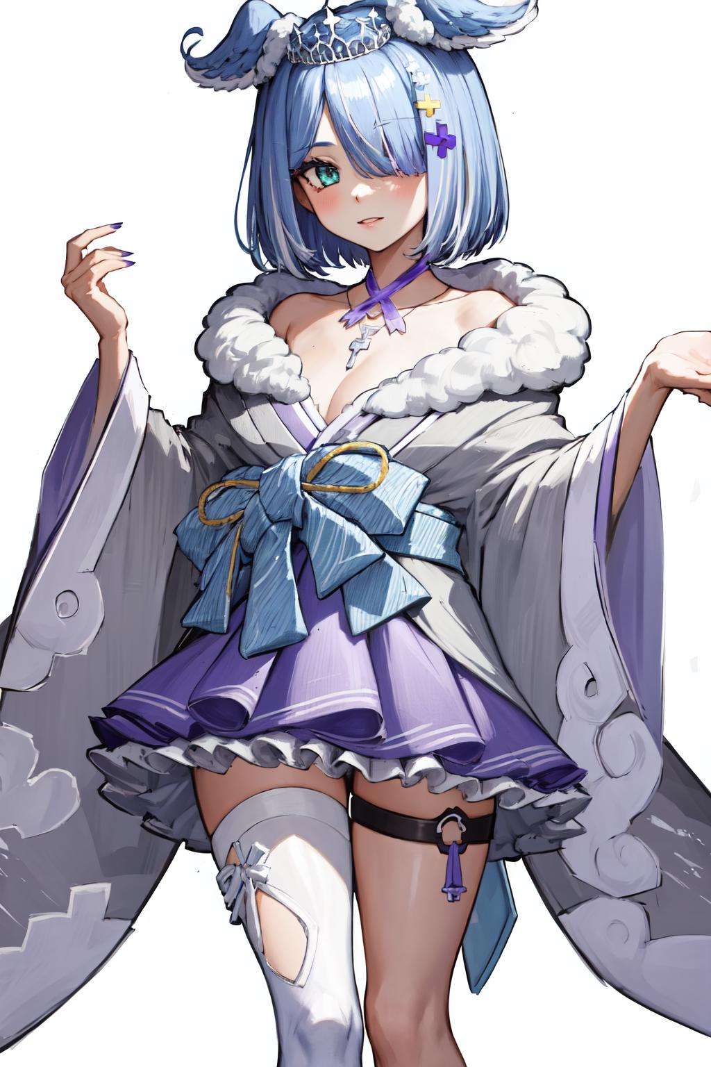 masterpiece, (detailed, highres, best quality), 1girl, <lora:eliraPendora-09:1> elira2st, tiara, japanese clothes, grey kimono, wide sleeves, single thighhigh, purple skirt, off shoulder, necklace, fur trim, thigh strap, tabi, sandals, purple nails, white background