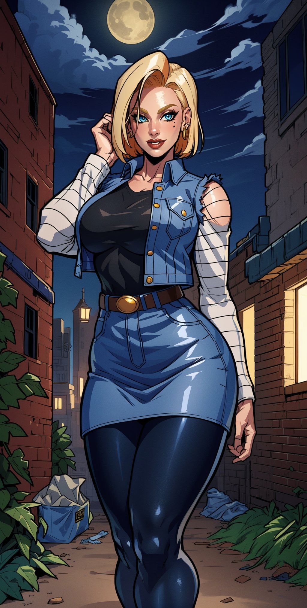 1girl, (solo:1.2), (standing:1.3), (interacting:1.3), (cowboy shot:1.5), smile, happy, at ease, (masterpiece:1.3), (best quality:1.3), (perfect anatomy:1.4), highly detailed,  android18, earrings, denim, belt, blonde hair, blue eyes, short hair, jewelry, (denim vest:1.2), open vest, black pantyhose, black shirt, denim skirt, (white striped long sleeves), blue skirt, large breasts, (night:1.5), (dark alleyway inside a large city:1.2), (chainlink fence:1.2), (trash lying around:1.2), concrete, sparse lighting, (dystopian),  akiraraikou, (film grain:1.3), (speckled highlights:1.3), western artistyle, (exaggerated proprtions:1.2), (shiny skin), detailed shading,Android_18_DB