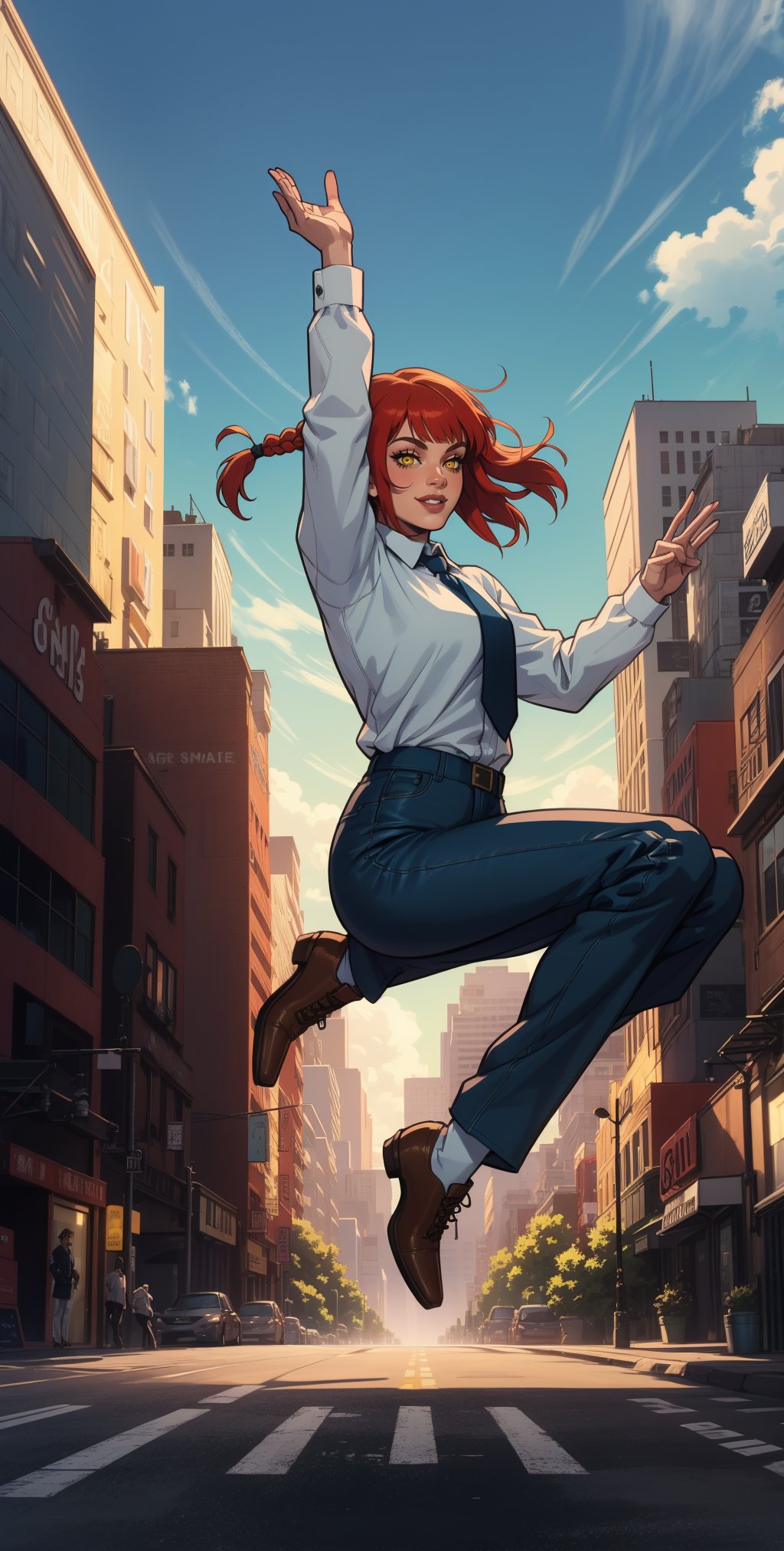 1girl, (solo:1.2), (jumping:1.3), (mid air:1.3), (cowboy shot:1.5), smile, happy, (masterpiece:1.3), (best quality:1.3), (perfect anatomy:1.4), highly detailed,  makima, long hair, smile, bangs, (yellow eyes:1.2), braid, red hair, braided ponytail, ringed eyes, shirt, long sleeves, white shirt, necktie, collared shirt, pants, black pants, formal, suit, black necktie, shirt tucked in, office lady, (metropolis:1.3), street, daylight, blue sky, western architecture,  akiraraikou, (film grain:1.3), (speckled highlights:1.3), western artistyle, (exaggerated proprtions:1.2), (shiny skin), detailed shading,makima\(chainsaw man\)