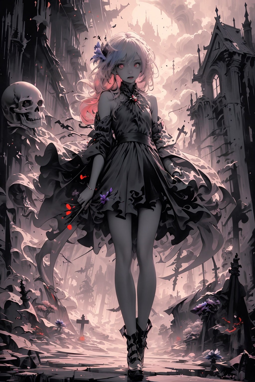 ((1girl,solo, alone, delicate face, cute, red eye pupil, pink eyelashes, red eye shadow, pink lips,excellent face,expression is enchanting,)), Character close-up,
leaning against the ruins, with a floating skeleton in the background,her posture is seductive,and there is a flicker of evil energy runes in the background, blood mist filled, and soft light. No shoes,My feet are covered in bones. Skeletons, many skeletons. Official art, unit 8 k wallpaper, ultra detailed, beautiful and aesthetic, masterpiece, best quality, extremely detailed, dynamic angle, paper skin, radius, iuminosity, cowboyshot, the most beautiful form of Chaos, elegant, a brutalist designed, visual colors, romanticism, by James Jean, roby dwi antono, cross tran, francis bacon, Michael mraz, Adrian ghenie, Petra cortright, Gerhard richter, Takato yamamoto, ashley wood, atmospheric, ((late at night,dark)), light rain,dark, limited palette, contrast,(((Cornflower))), corn