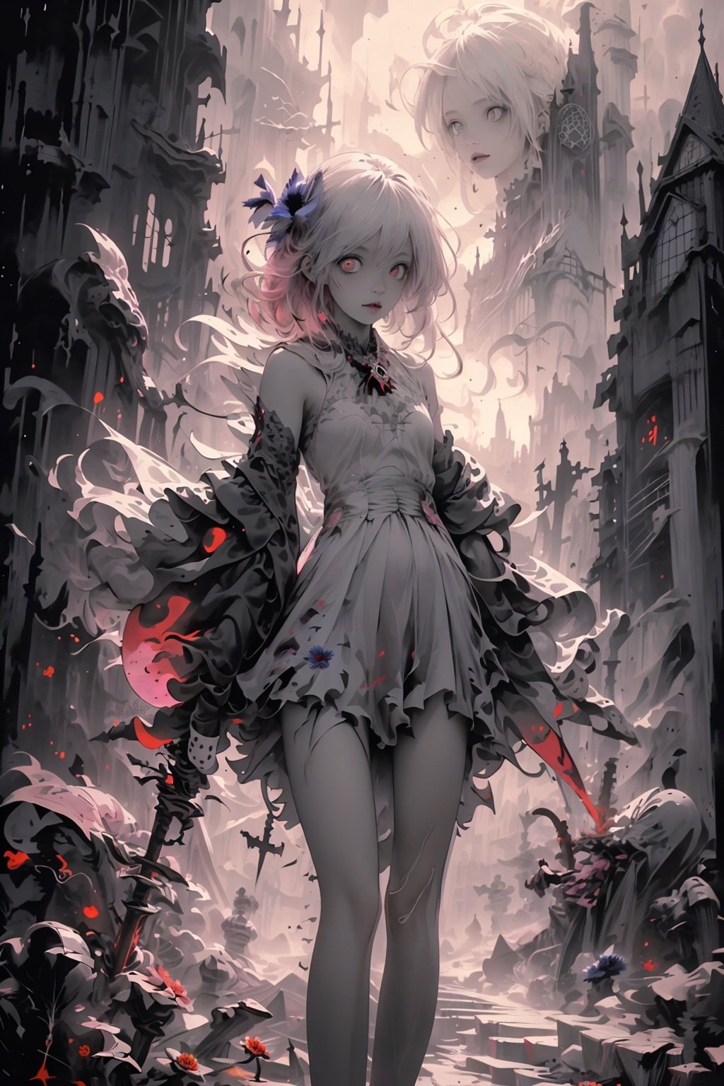 ((1girl,solo, alone, delicate face, cute, red eye pupil, pink eyelashes, red eye shadow, pink lips,excellent face,expression is enchanting,)), Character close-up,
leaning against the ruins, with a floating skeleton in the background,her posture is seductive,and there is a flicker of evil energy runes in the background, blood mist filled, and soft light. No shoes,My feet are covered in bones. Skeletons, many skeletons. Official art, unit 8 k wallpaper, ultra detailed, beautiful and aesthetic, masterpiece, best quality, extremely detailed, dynamic angle, paper skin, radius, iuminosity, cowboyshot, the most beautiful form of Chaos, elegant, a brutalist designed, visual colors, romanticism, by James Jean, roby dwi antono, cross tran, francis bacon, Michael mraz, Adrian ghenie, Petra cortright, Gerhard richter, Takato yamamoto, ashley wood, atmospheric, ((late at night,dark)), light rain,dark, limited palette, contrast,(((Cornflower))), corn