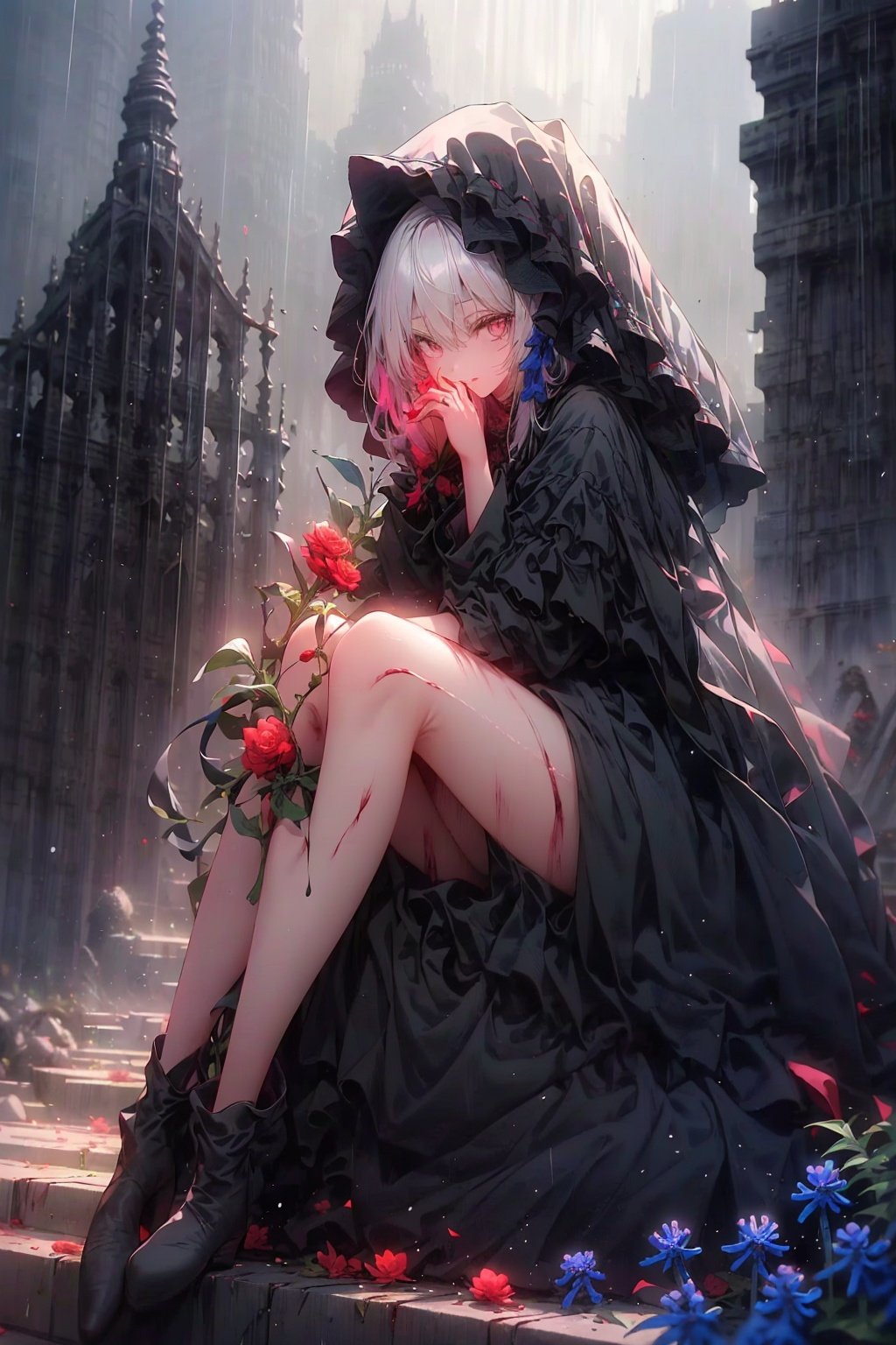  ((1girl,solo, alone, delicate face, cute, red eye pupil, pink eyelashes, red eye shadow, pink lips,excellent face,expression is enchanting,)), Character close-up,
leaning against the ruins, with a floating skeleton in the background,her posture is seductive, her hand is holding her face, and there is a flicker of evil energy runes in the background, blood mist filled, and soft light. No shoes,My feet are covered in bones. Skeletons, many skeletons. Official art, unit 8 k wallpaper, ultra detailed, beautiful and aesthetic, masterpiece, best quality, extremely detailed, dynamic angle, paper skin, radius, iuminosity, cowboyshot, the most beautiful form of Chaos, elegant, a brutalist designed, visual colors, romanticism, by James Jean, roby dwi antono, cross tran, francis bacon, Michael mraz, Adrian ghenie, Petra cortright, Gerhard richter, Takato yamamoto, ashley wood, atmospheric, ((late at night,dark)), light rain,dark, limited palette, contrast,(((Cornflower))), cornflower, cornflower,vines, forest, lens flare, hdr, Tyndall effect,damp,wet,cold theme, broken wall, aqua theme, floating hair, high detail, nayutaren, Nyarly