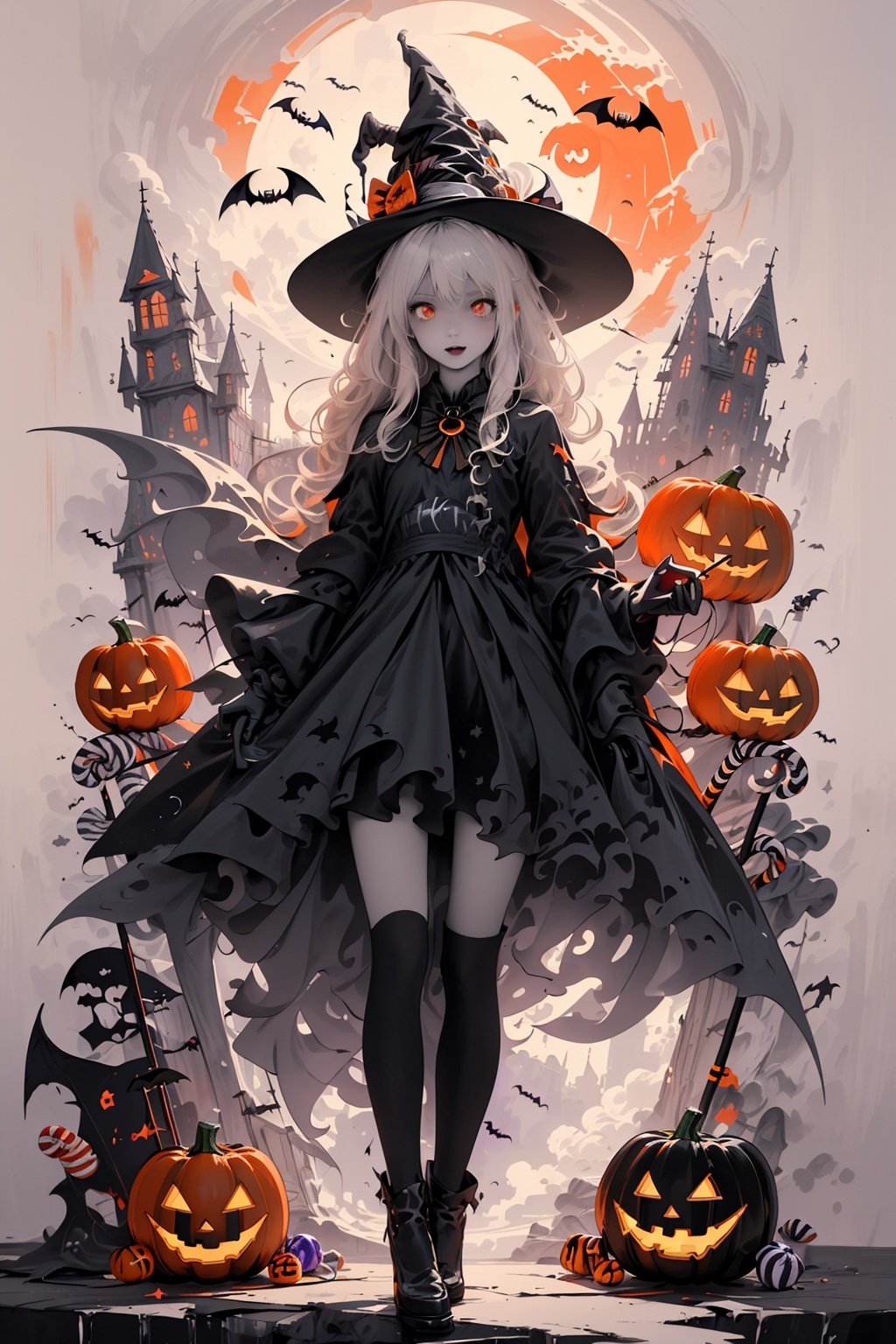  ((masterpiece:1)),(((best quality))),illustration,extremely detailed 8k wallpaper,colorful,[(white background:1.4)::5],

1girl,white hair,red eyes,shining eyes,
wansheng, flat color, 1girl, witch hat, hat, long hair, solo, jack-o'-lantern, halloween, moon, thighhighs, bat (animal), looking at viewer, dress, full body, gloves, pumpkin, witch, black thighhighs, star (symbol), bow,(pale skin:1.2),

(ghost)


beautiful and detailed cloudy sky,castle,bat (animal),(halloween:1.1),full red moon,Beautiful and detailed black,(jack-o'-lantern:0.8)

 (Abstract Art:1.35),(flat color:1.3),(high contrast:1.3),happy halloween,(candy:1.2)
, wansheng,

,(hexagon:1.1),(fight stance),(from bottom:0.9),lighting surrounded,water surround,full moon,

original,(illustration:1.1),(best quality),(extremely detailed CG unity 8k wallpaper:1.1), (colorful:0.9),(imid shot:0.95),(full body:1.25),Dynamic angle,

 (Style of Comic and Animation:1.3),(Oil Painting:0.8),(sketch:0.6), WaHaa, JaLanteen, vampire