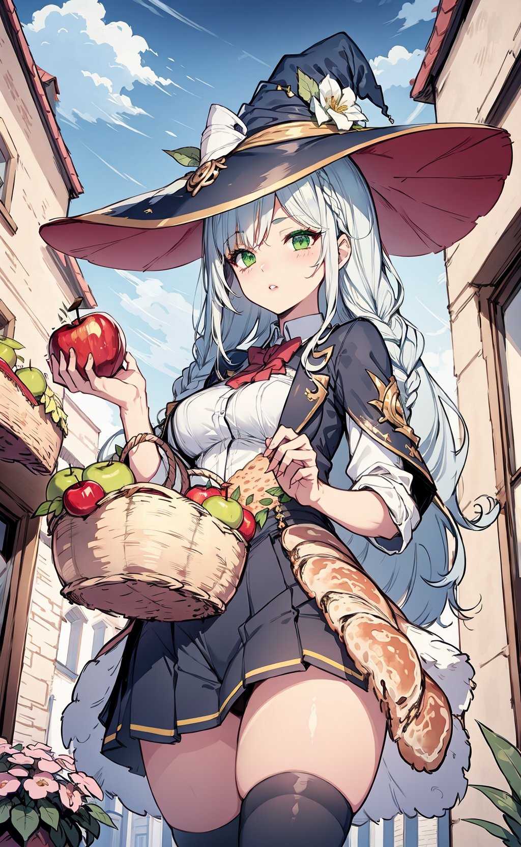 baguette, hat, long hair, thighhighs, braid, witch hat, outdoors, basket, food, green eyes, day, bread, 1girl, long sleeves, very long hair, green headwear, white thighhighs, holding, bangs, building, fruit, bicycle, dress, solo, twin braids, black dress, skirt, apple, parted lips, witch, white hair, standing, hat flower, ground vehicle, flower, sky, ribbon, bicycle basket, grey hair, blue sky, from below, pleated skirt, window, black skirt, holding basket, zettai ryouiki