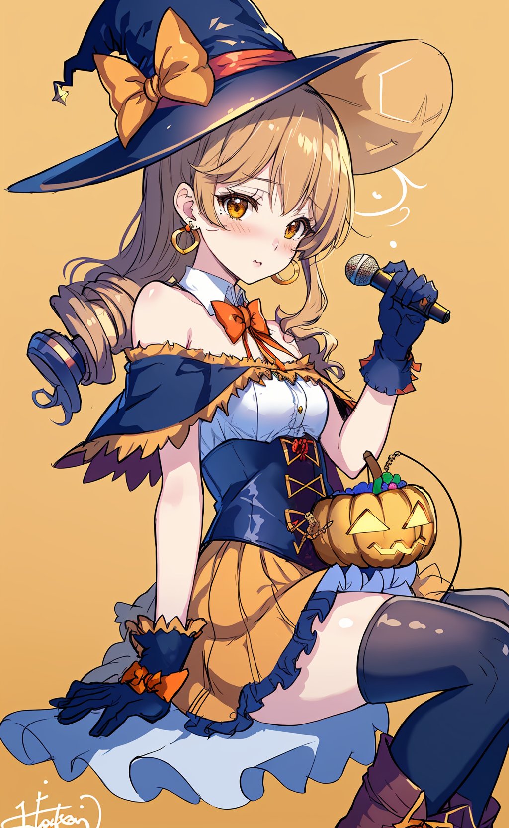 1girl, morikubo nono, solo, hat, witch hat, candy, bow, sitting, skirt, yellow background, looking away, brown eyes, jack-o'-lantern, halloween, food, orange bow, light brown hair, microphone, sleeveless, red bow, boots, red footwear, ribbon, simple background, gloves, jewelry, earrings, capelet, mini hat, cape, red ribbon, frills, bare shoulders, bowtie, looking to the side, pumpkin, halloween costume, bangs, buttons, shirt, black gloves, signature, top hat, drill hair, blush, hat bow, blue headwear