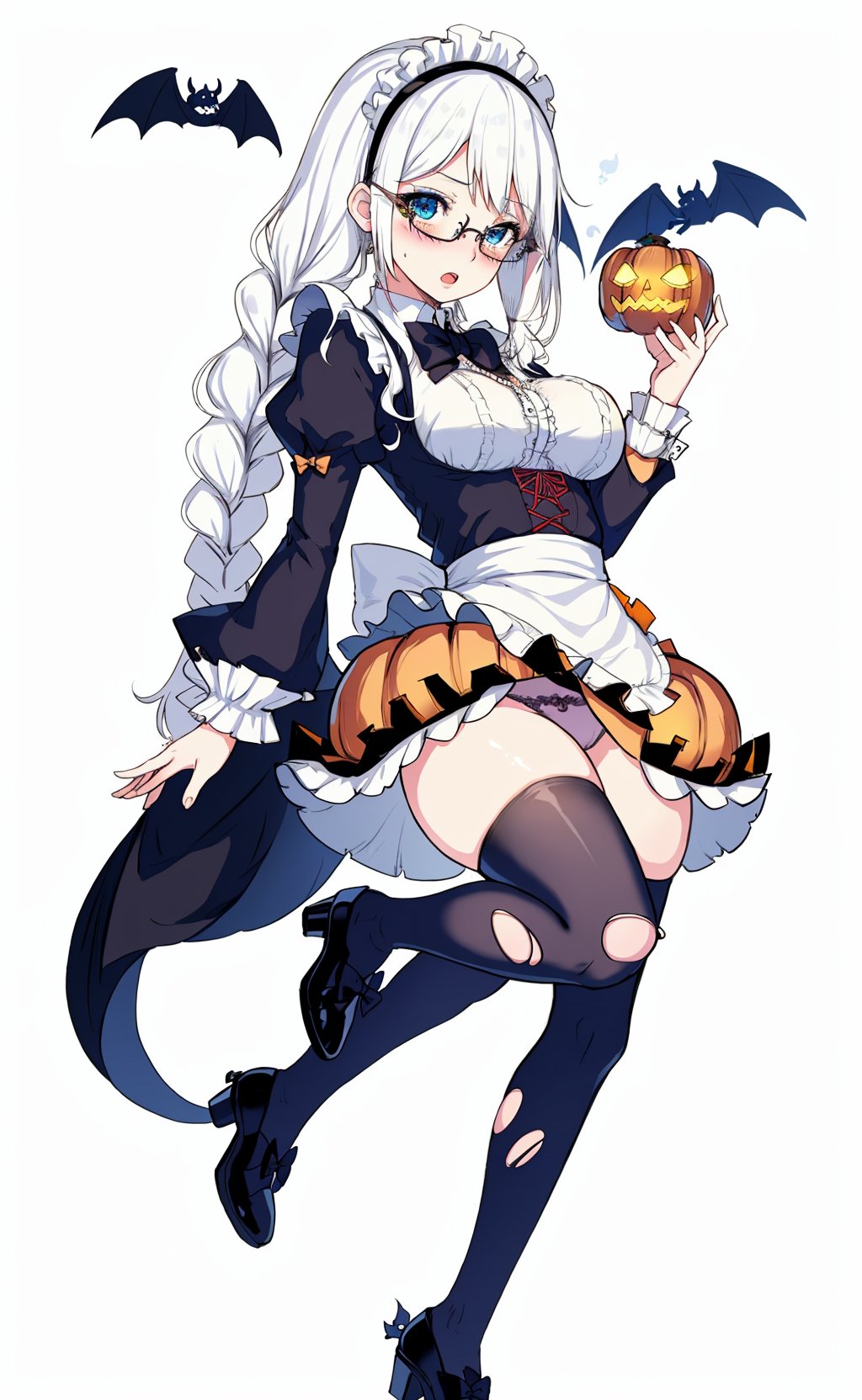 1girl, long hair, thighhighs, jack-o'-lantern, glasses, braid, halloween, skirt, open mouth, maid headdress, solo, long sleeves, white thighhighs, ghost, white hair, bat (animal), blush, white background, full body, bow, shirt, pumpkin, simple background, shoes, black footwear, food, standing, white shirt, blue eyes, striped, brown skirt, semi-rimless eyewear, puffy sleeves, standing on one leg, candy, breasts, frills, ribbon, hair ribbon, torn clothes, black bow, very long hair, panties, underwear, twin braids, looking at viewer, under-rim eyewear, bangs, maid, hair ornament, juliet sleeves, bowtie, high heels, round eyewear, leg up, panties removed, black ribbon, medium breasts