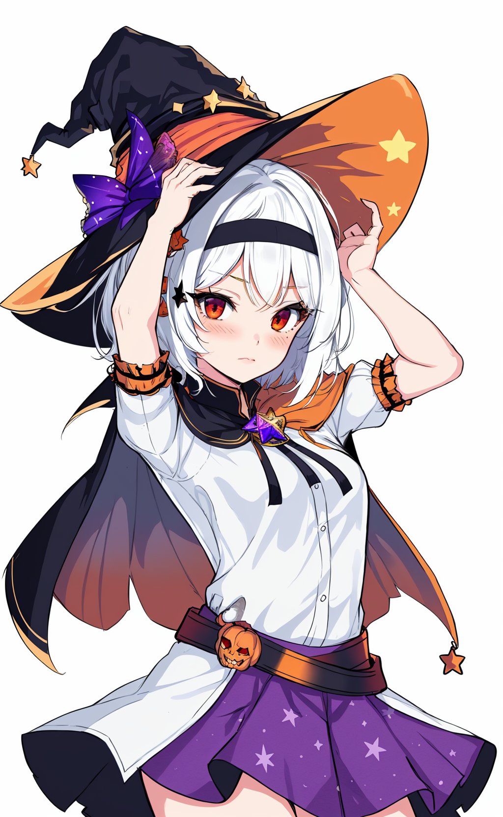1girl, solo, hat, witch hat, star print, cape, simple background, white background, white hair, skirt, multicolored cape, looking at viewer, blush, red eyes, halloween, multicolored clothes, two-sided fabric, bangs, orange skirt, hairband, black hairband, long sleeves, short sleeves, shirt, black cape, short hair, hands on headwear, white shirt, star (symbol), closed mouth, black headwear, arms up