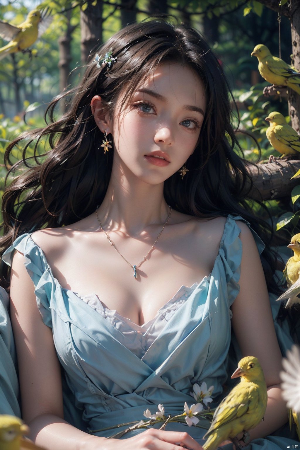 (Masterpiece, best quality, high-resolution: 1.2), (upper body), surrealist photography, 1 girl, light blue dress. Solo, (yellow bird), bird, necklace, black curly hair, flowing hair, flowers, forest background, many birds sleeping together, depth of field, watching the audience, female focus, retro, realistic characters, best quality, movie film
