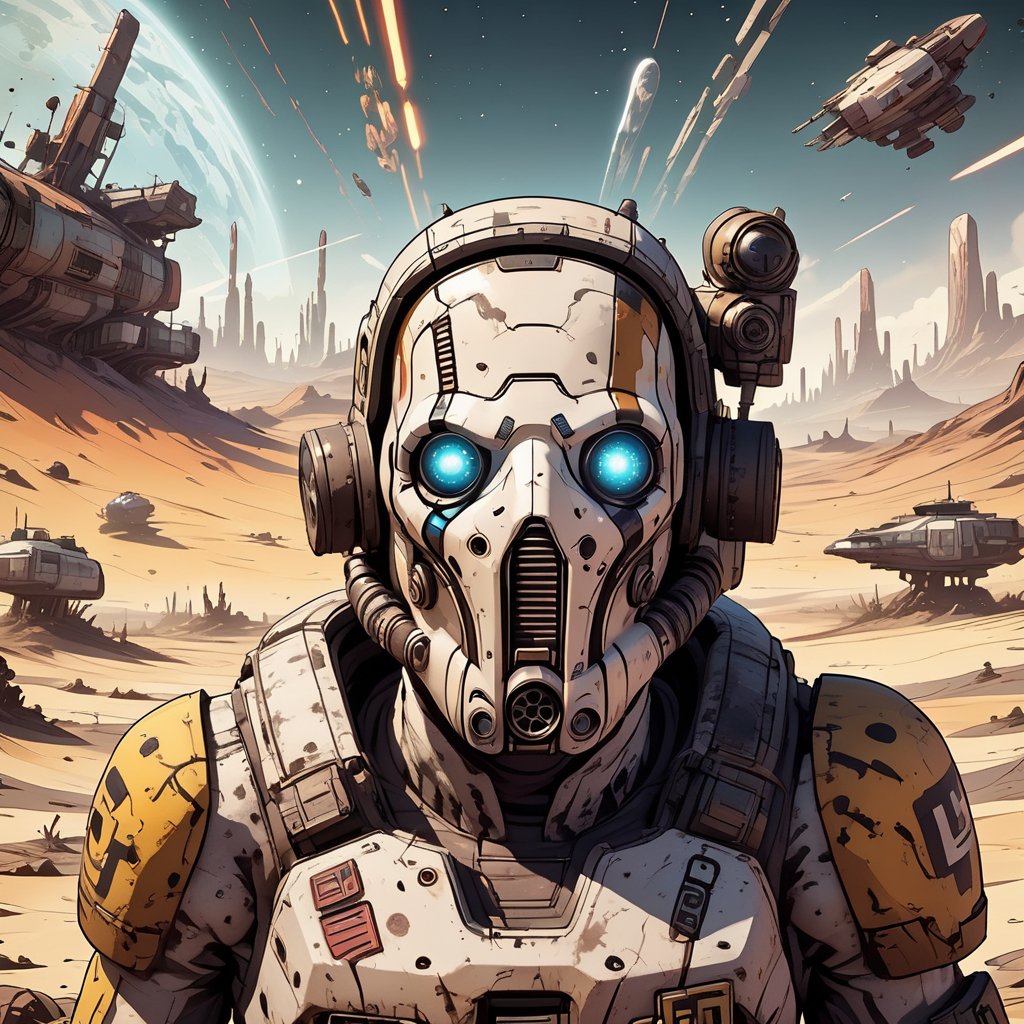 ((Journey into a cel-shaded realm of interstellar warfare, where spacefaring vessels and cosmic battles unfold in a visual spectacle that channels the signature 'Borderlands' artistry)), 

(no masks), masterpiece