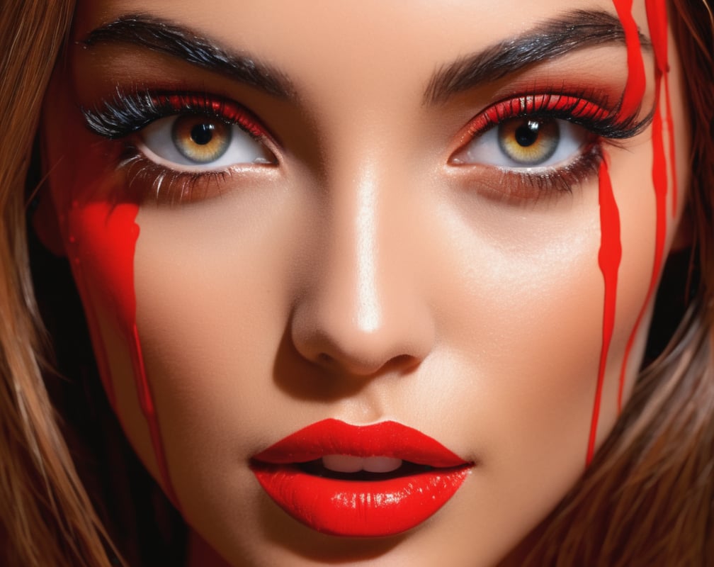Blood painting, portrait of 1 model woman, dynamic lighting, Ultra high definition, reflections, sharp focus, intense shadows, detailed and intricate environment, intricate painting, captivating, extraordinary, phenomenal, remarkable, aesthetic, artistic, charming, sophisticated, beautiful, exquisite, breathtaking, masterpiece, best quality, ultra detailed, extremely realistic, beautiful extremely detailed eyes, eyelashes, perfecteyes,dripping paint