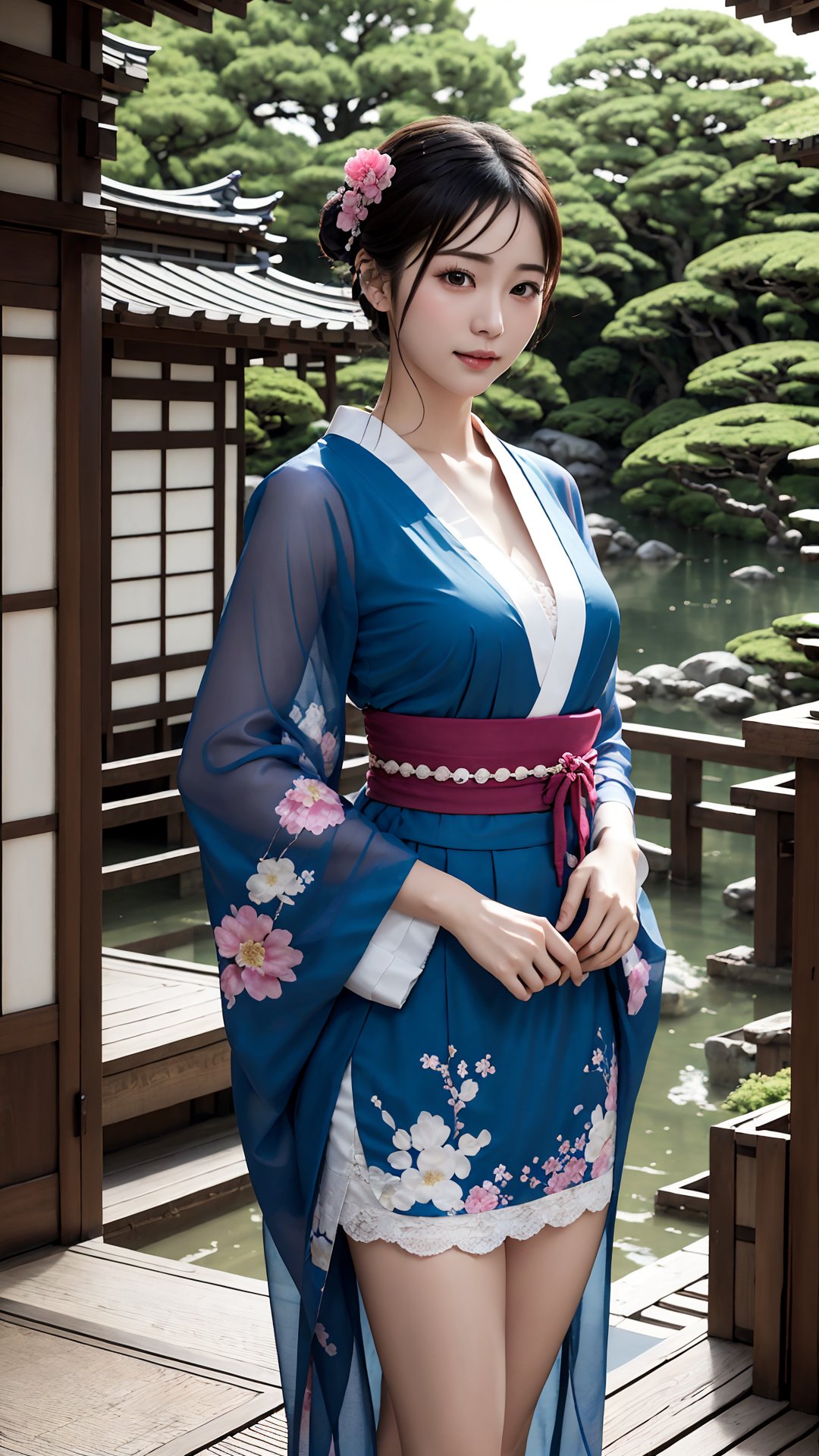 (best quality,masterpiece:1.2),ultra detailed,(photo realistic:1.4),solo,cute girl,japanese garden,see-through_short_kimono