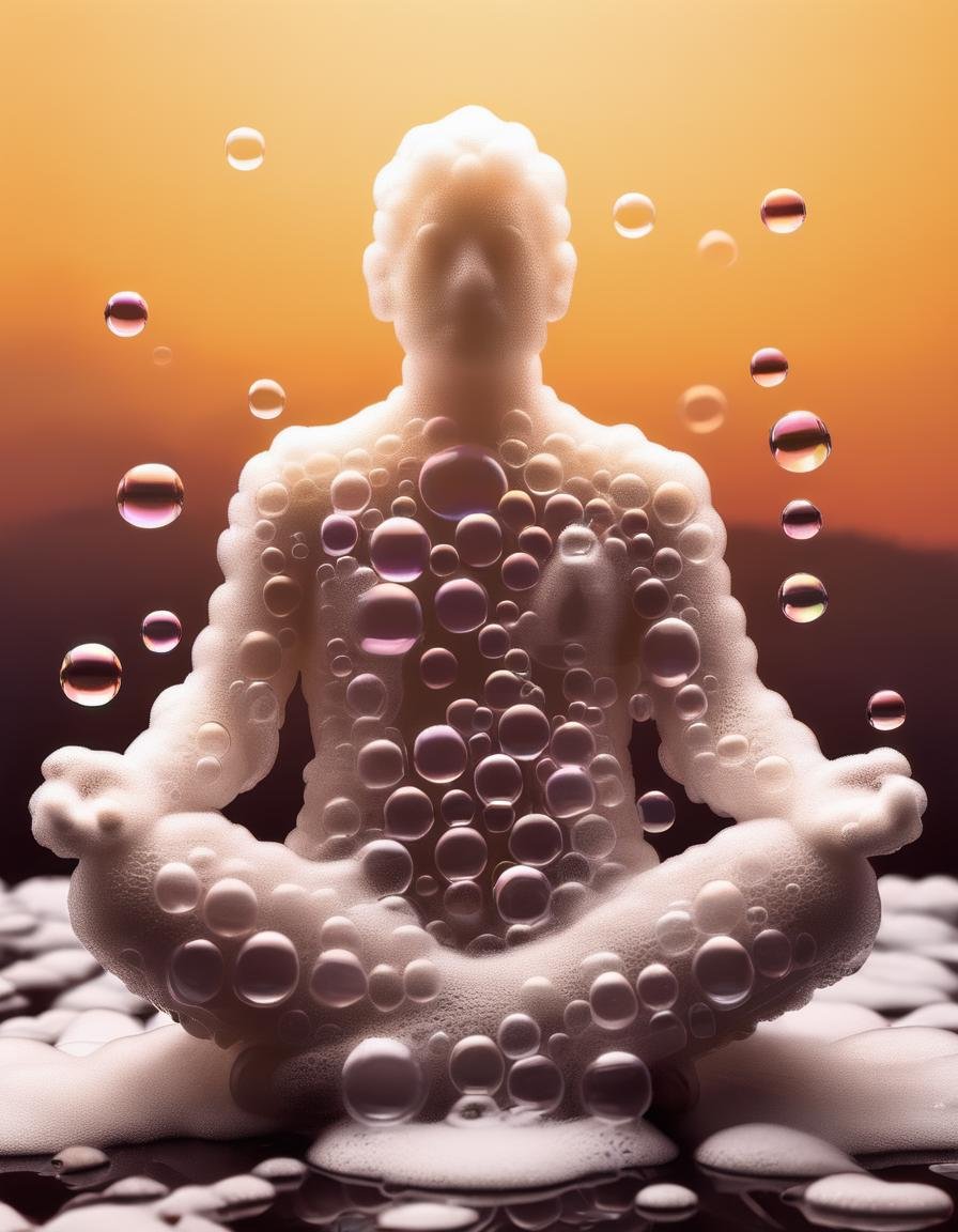 a man in lotus position made of soap bubbles and bath foam, sunrise background <lora:Aether_Bubbles__Foam_v1_SDXL_LoRA:1>