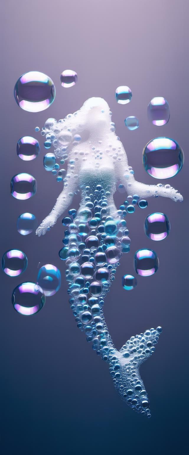 a mermaid made of soap bubbles floating, blue background <lora:aether_foam_test2_231019_SDXL_LoRA_1e-6_128_dim_70_epochs_epoch_65:1.3>