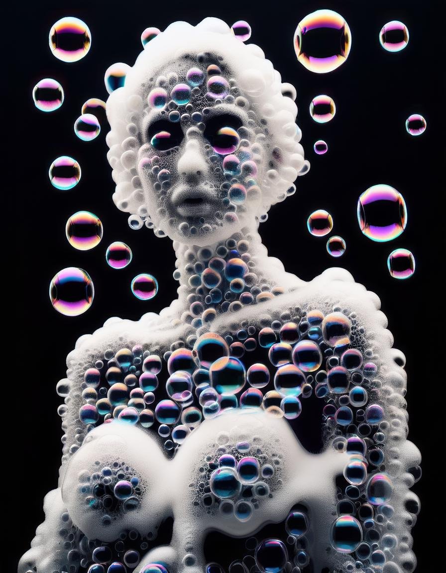 a beautiful woman made of soap bubbles and bath foam, black background <lora:Aether_Bubbles__Foam_v1_SDXL_LoRA:1>
