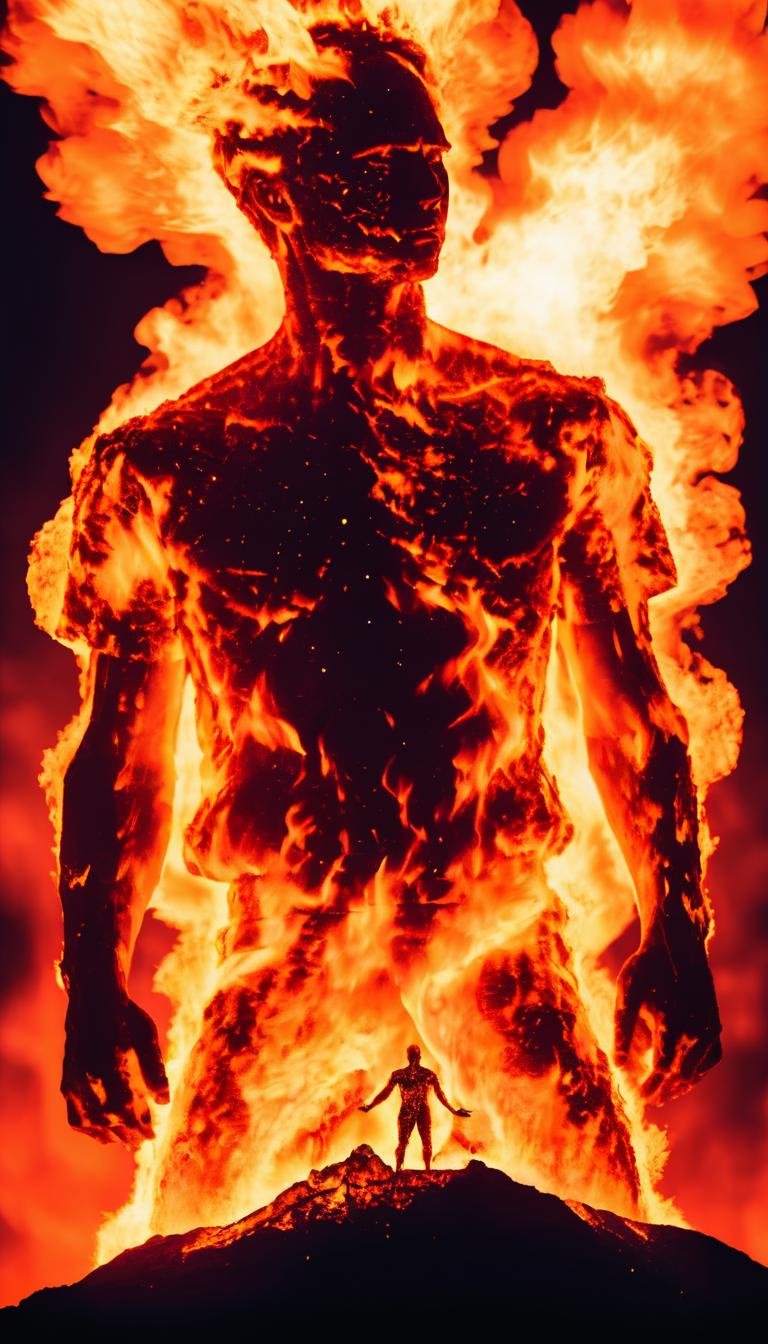 a man made of engulfing fire standing on top of a volcano, cinematic, intricate, black background <lora:aether_fire_test1_230928_SDXL_LoRA_1e-6_128_dim_7075_captions_epoch_70:1>