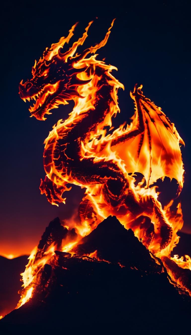 photo of a dragon made of fire sitting on a mountain, cinematic, intricate, night sky background <lora:aether_fire_test1_230928_SDXL_LoRA_1e-6_128_dim_7075_captions_epoch_70:1>