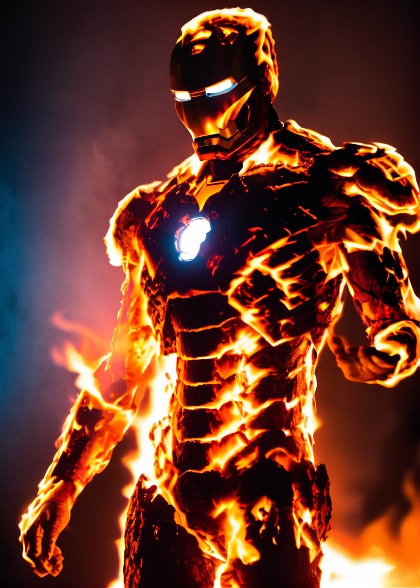 photo of a fire that looks like iron man, movie still, volumetric flames, intricate, cinematic lighting <lora:aether_fire_test1_230928_SDXL_LoRA_1e-6_128_dim_7075_captions_epoch_70:1>