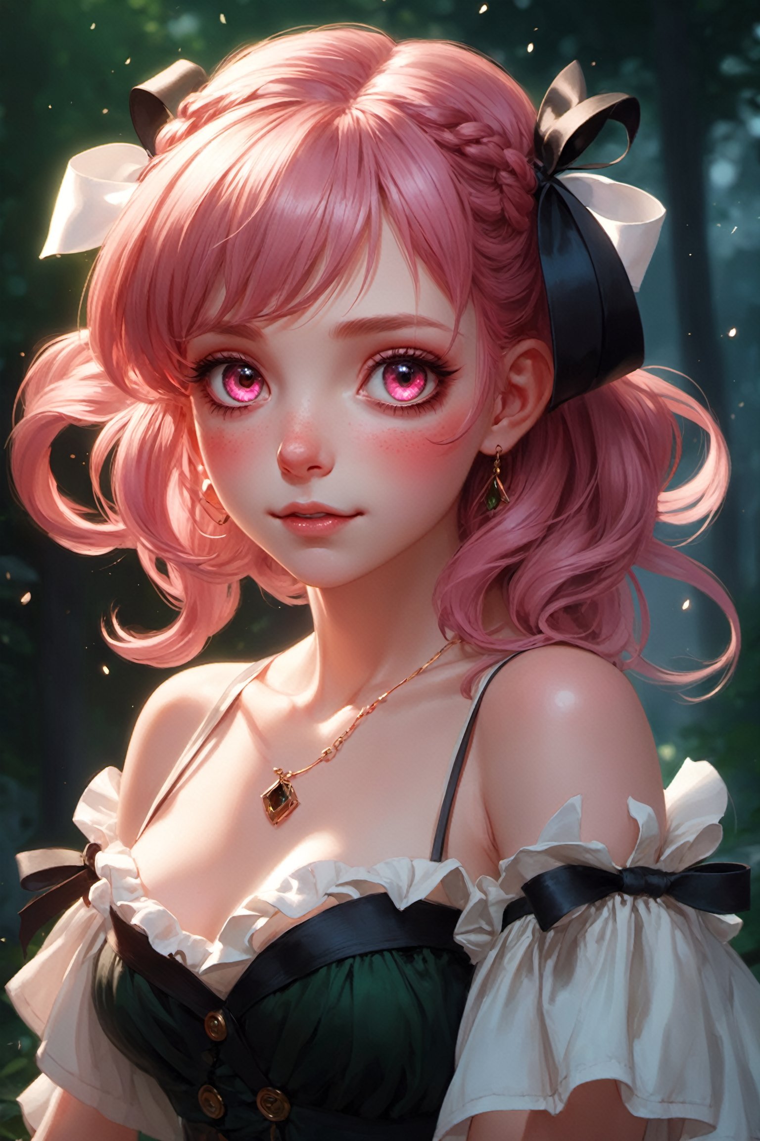 red green black eyes, rutkowski repin, wlop, natural pink hair realistic , image, bokeh, night, of an incredibly beautiful happy, woman anime style , large pefect eyes Jean-Baptiste Monge style, with highlights in her eyes, light freckles pink and white frilly dress and plaited hair with ribbons stanley artgerm lau style, wlop style, rossdraws style, outdoor hyper detailed , (((rich dark shadows))), Wlop, Artgem , artstation, cgsociety, 8K UHD, HDR