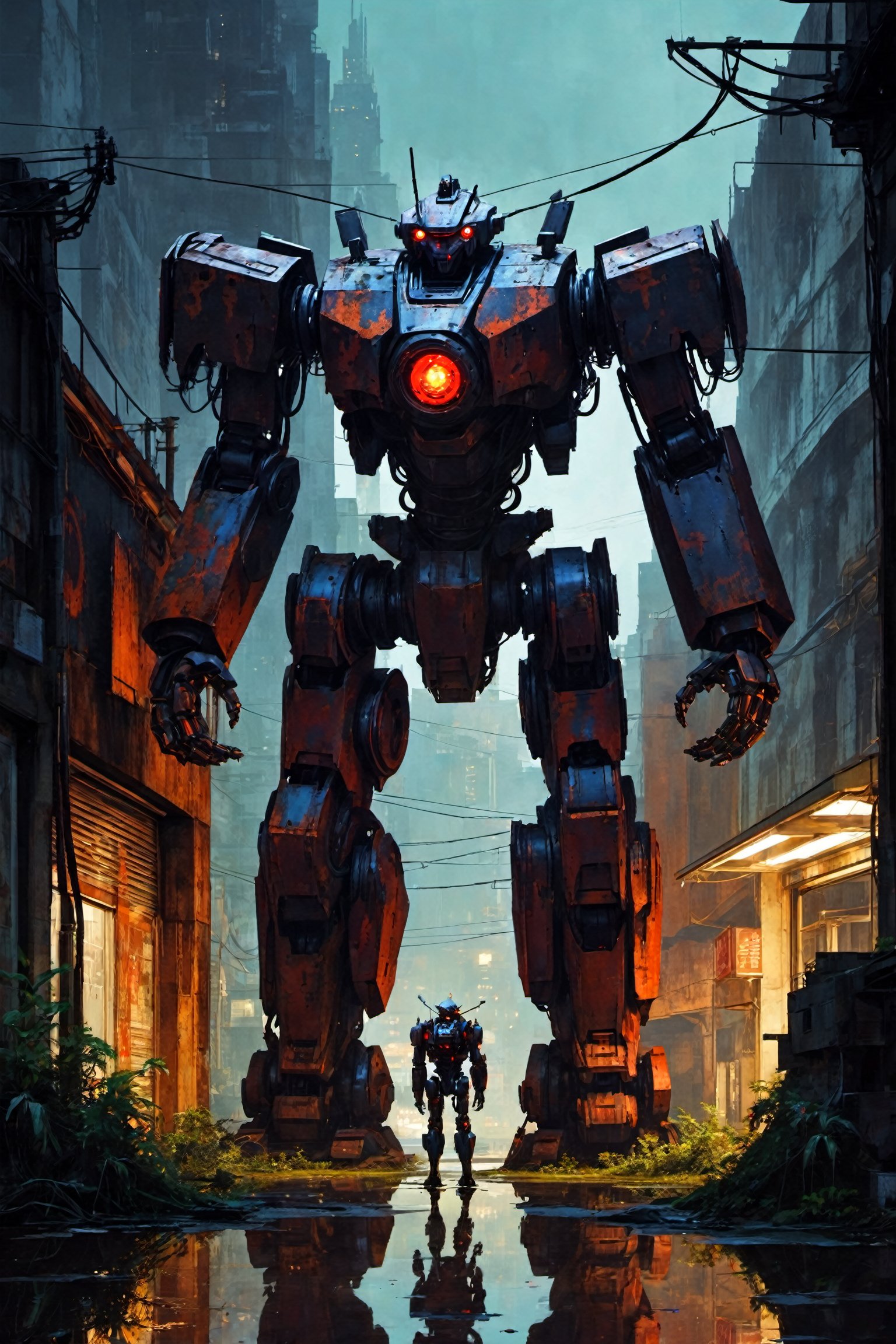 dark, huge robot, mega robot, looks at viewer, ((giant robot titan)), rust, decay, ((overgrown)), horror, red glowing eys, dark cyberpunk city, night, reflective puddles