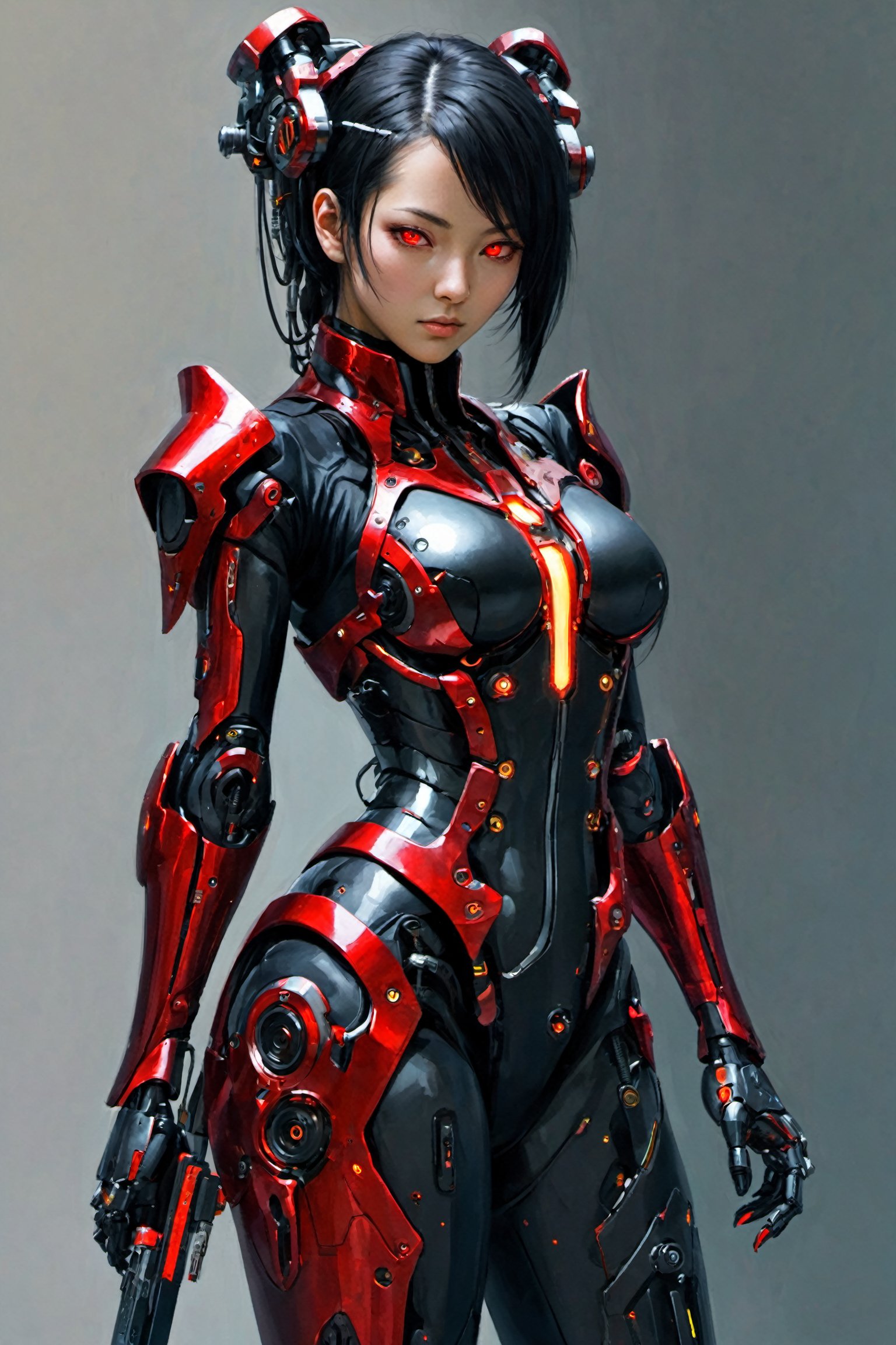 1girl,Hi-Tech, cyberpunk, cyberware, black red suit, Custom design, shining body, glowing look, shining suit, body, hues.,steampunk style, cyberpunk style,mecha, perfect custom Hi-Tech suit, holding sword, weapon master, Hi-Tech belt, muscular body suite, looking back, cyberpunk, (detailed eyes, detailed face:1.3)