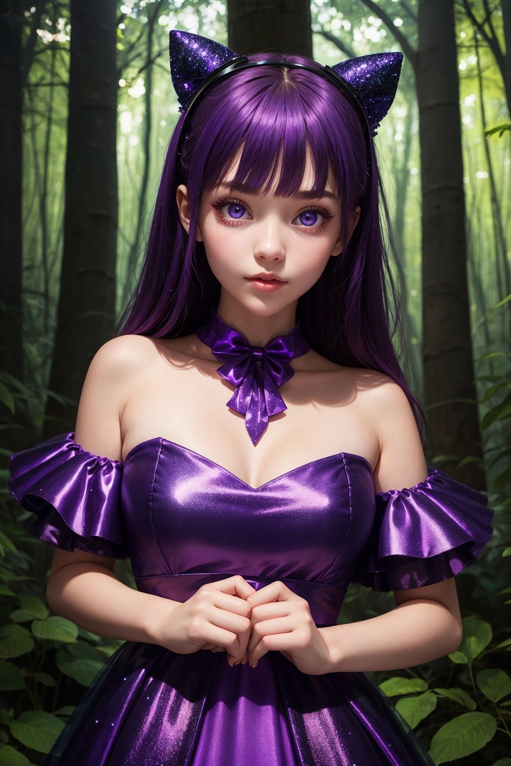 a girl surrounded by night forest, pretty face, bright purple dress, bright eyes, sparkles