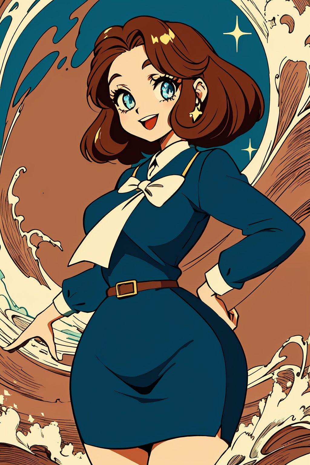 (best quality:1.2), (hyper detailed), 

Gender: Female
Appearance: Penny Retro is a charming and retro-inspired character. She has a slender figure with an elegant and vintage demeanor. Penny stands at a height that exudes grace and style. Her hair is a rich, chestnut brown, which flows in soft, cascading waves, reminiscent of classic Hollywood glamour. Her eyes are a warm shade of hazel, and they sparkle with excitement and curiosity.