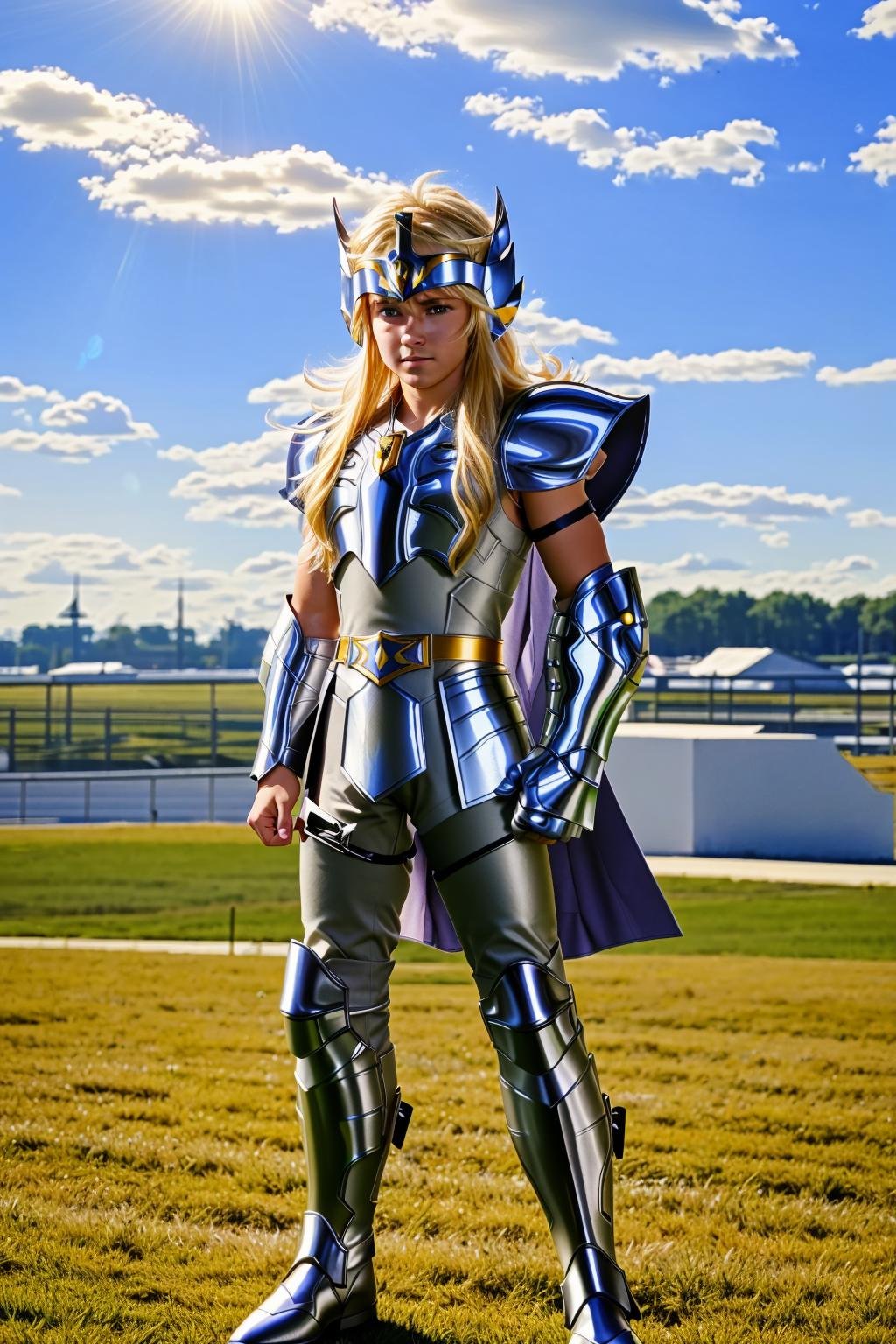 <lora:zzhyogacygnuszz_v1:1>masterpiece, highly detailed photorealistic 8k raw photo, best cinematic quality, volumetric lighting and shadows, sunday lighting1boy, armor, belt, blonde hair, blue eyes, boots, fingerless gloves, full body, gauntlets, helmet, zzhyogacygnuszz (Over-the-shoulder shot:1.2)(airport background:1.2) 