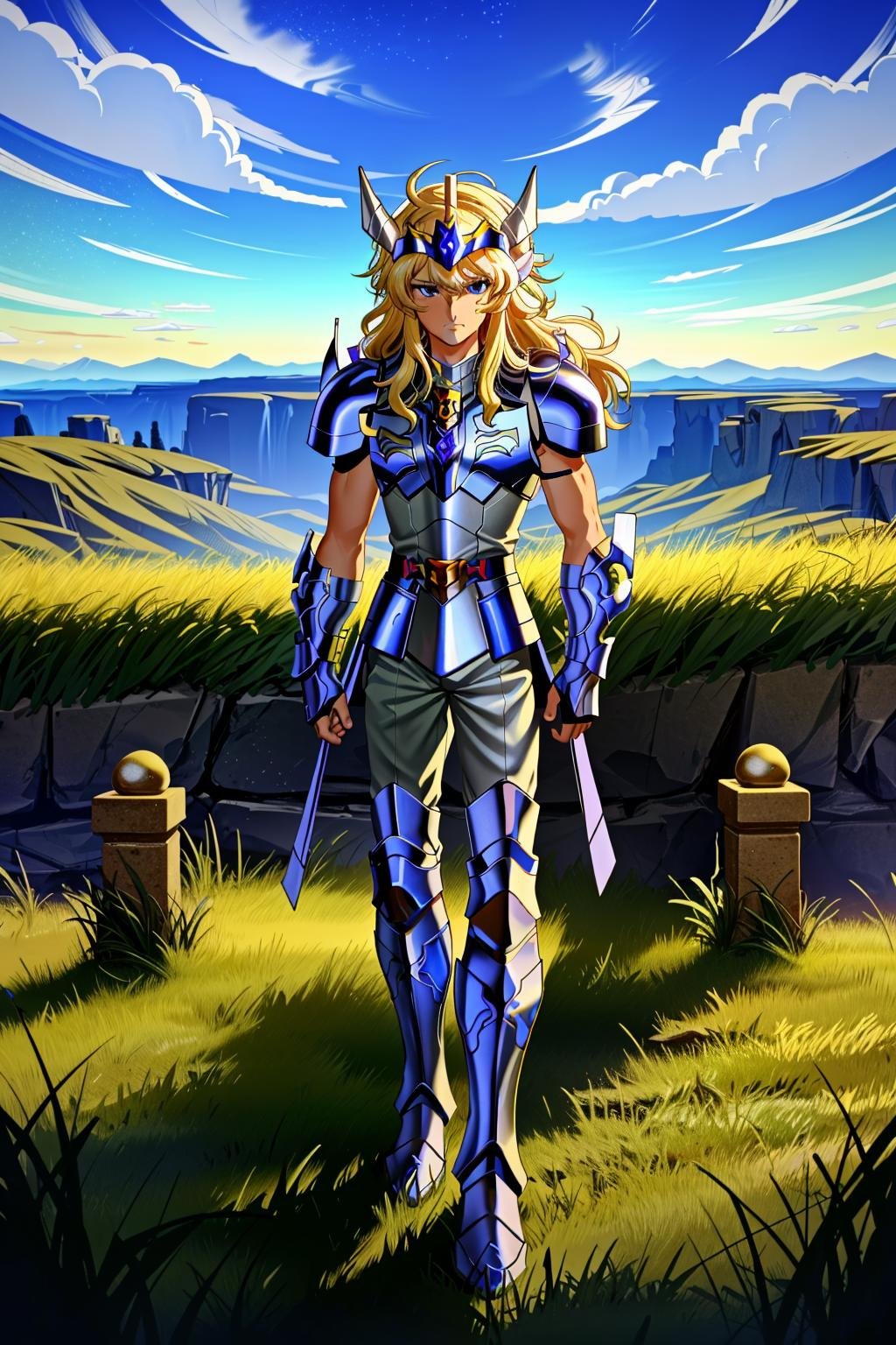 <lora:zzhyogacygnuszz_v1:1> zzhyogacygnuszzmasterpiece, highly detailed photorealistic 8k raw photo, best cinematic quality, volumetric lighting and shadows, sunday lighting1boy, armor, blonde hair, blue eyes, fake horns, gloves, long hair, male focus, pauldrons, retro artstyle, sky, solo, zzhyogacygnuszz, (worm's eye:1.2)(city background:1.2) 