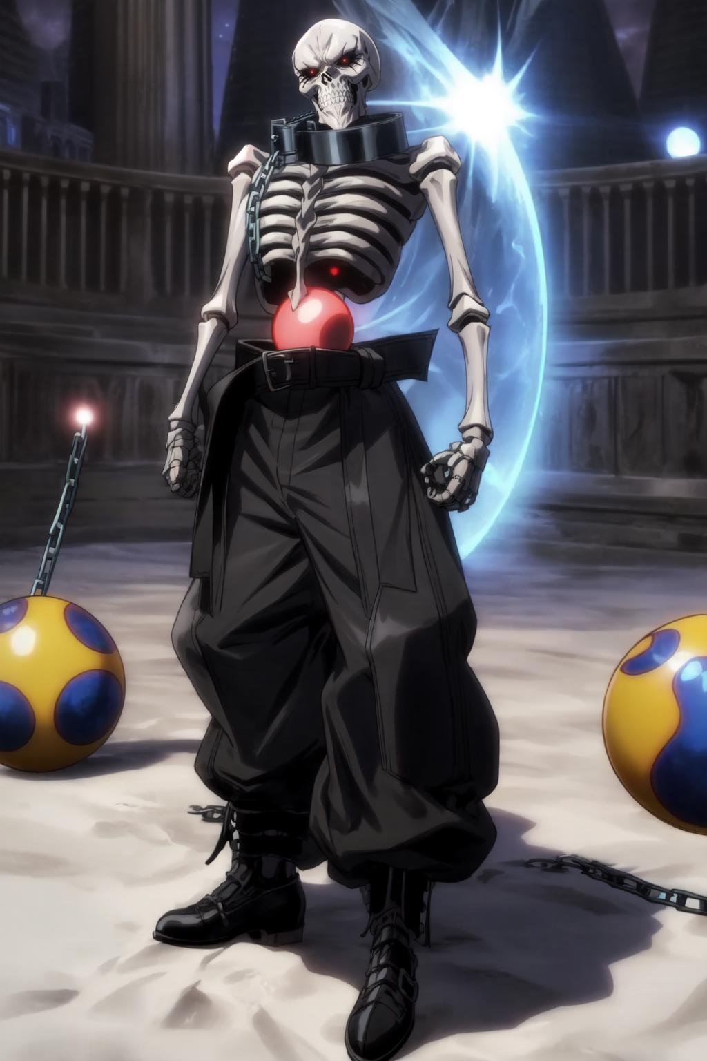 High quality, <lora:Style-add_detail:1>,(Beautiful), ((masterpiece)),vibrant colors,BattlePants, skeleton, 1boy, red eyes, male focus, skull, orb, bone, solo, small metal collar with a chain, black pants, black torn belt, black metal shoes and greaves,shirtless, <lora:Ainz2ep4re:1>
