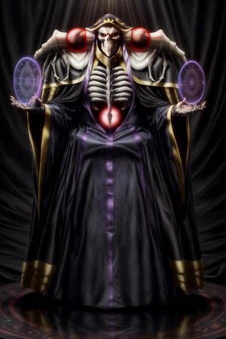 High quality, <lora:Style-add_detail:2>,(Beautiful), ((masterpiece)),vibrant colors, AinzRobes, rings, 1boy, (solo), male focus, jewelry, no humans, cloak, hood, robe, glowing red eyes, standing, bone, glowing, wide sleeves, orb, skeleton,  full body, skull, (((magic, making a gigantic glowing magic circle))), <lora:Ainz2ep4re:1>