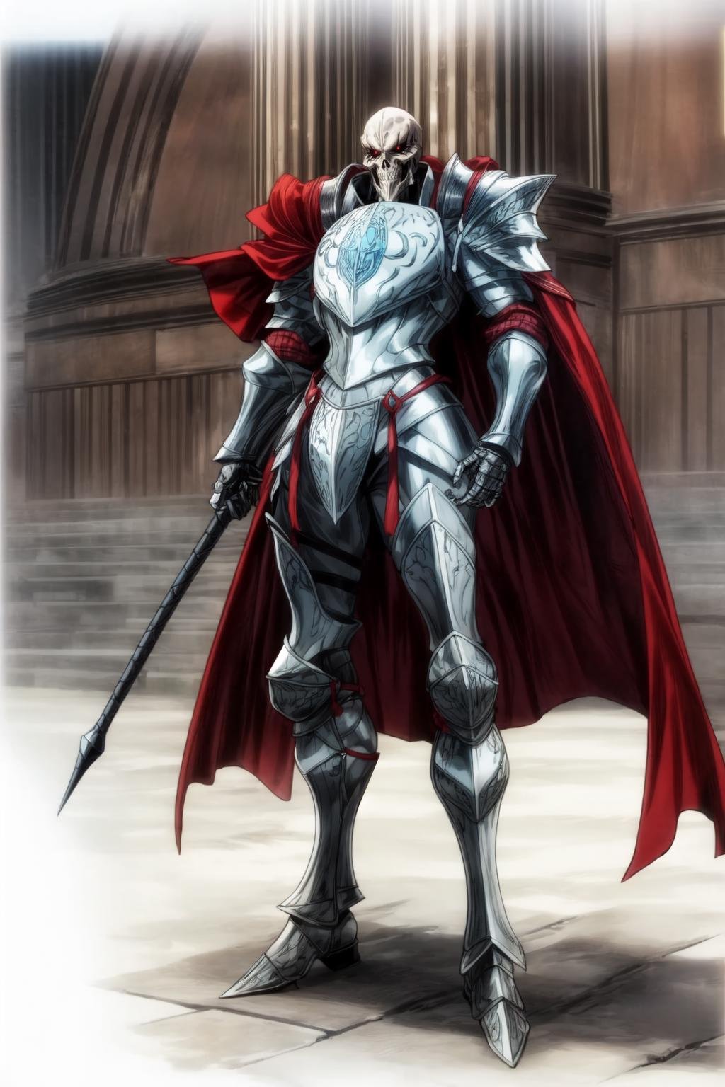 High quality, <lora:Style-add_detail:2>,(Beautiful), ((masterpiece)),vibrant colors, TouchMeArmor, armor, cape, solo, 1boy, red eyes, male focus, no humans, full body, full armor, red cape, standing<lora:Ainz2ep4re:1>