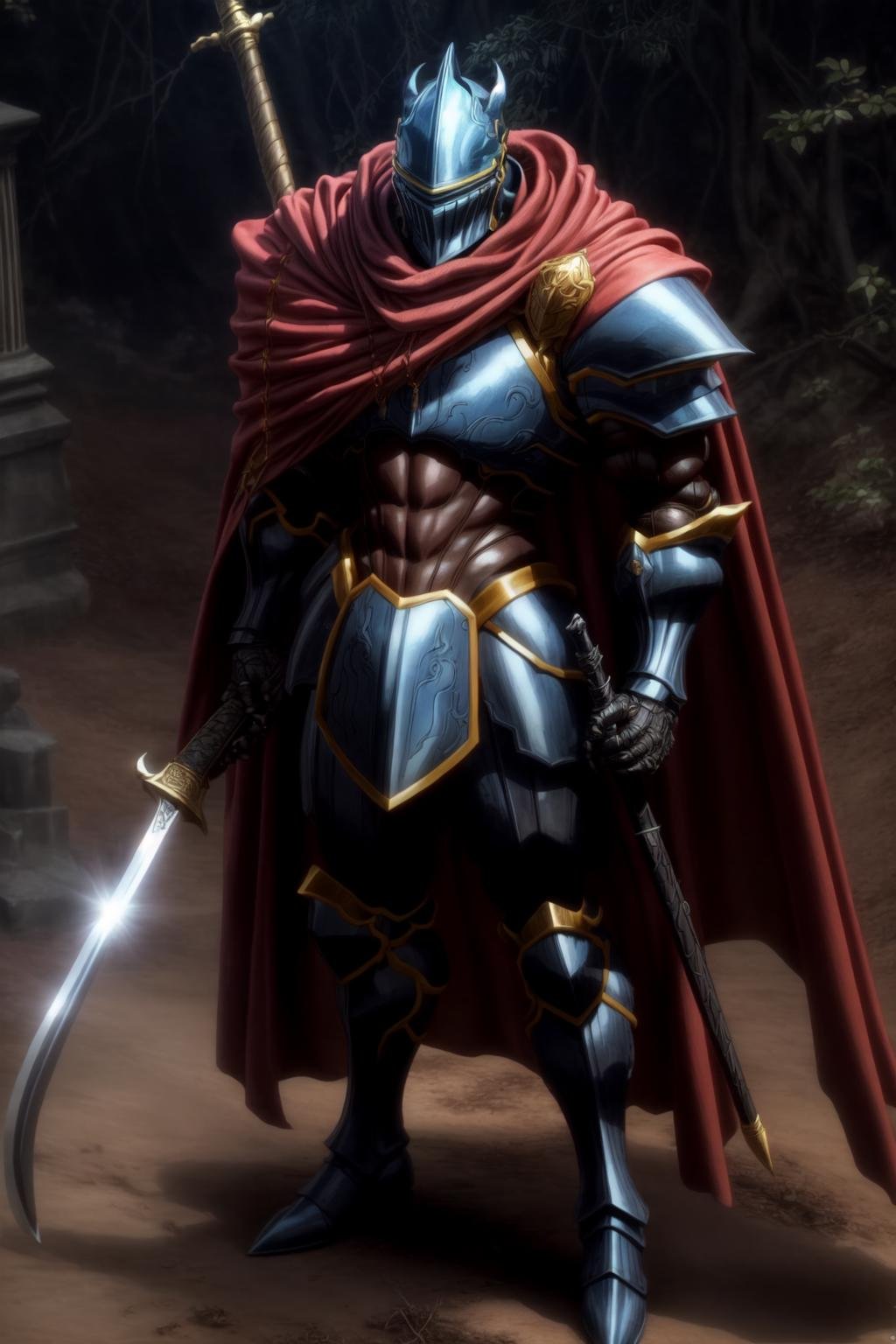 High quality, <lora:Style-add_detail:2>,(Beautiful), ((masterpiece)),vibrant colors, Momon, armor, ((solo)), cape, helmet, weapon, red cape, 1boy, full blue armor, sword,standing, male focus, greaves, armored boots, gauntlets, clenched hand, fake horns, sheath, sheathed, boots, shoulder armor, full body<lora:Ainz2ep4re:1>