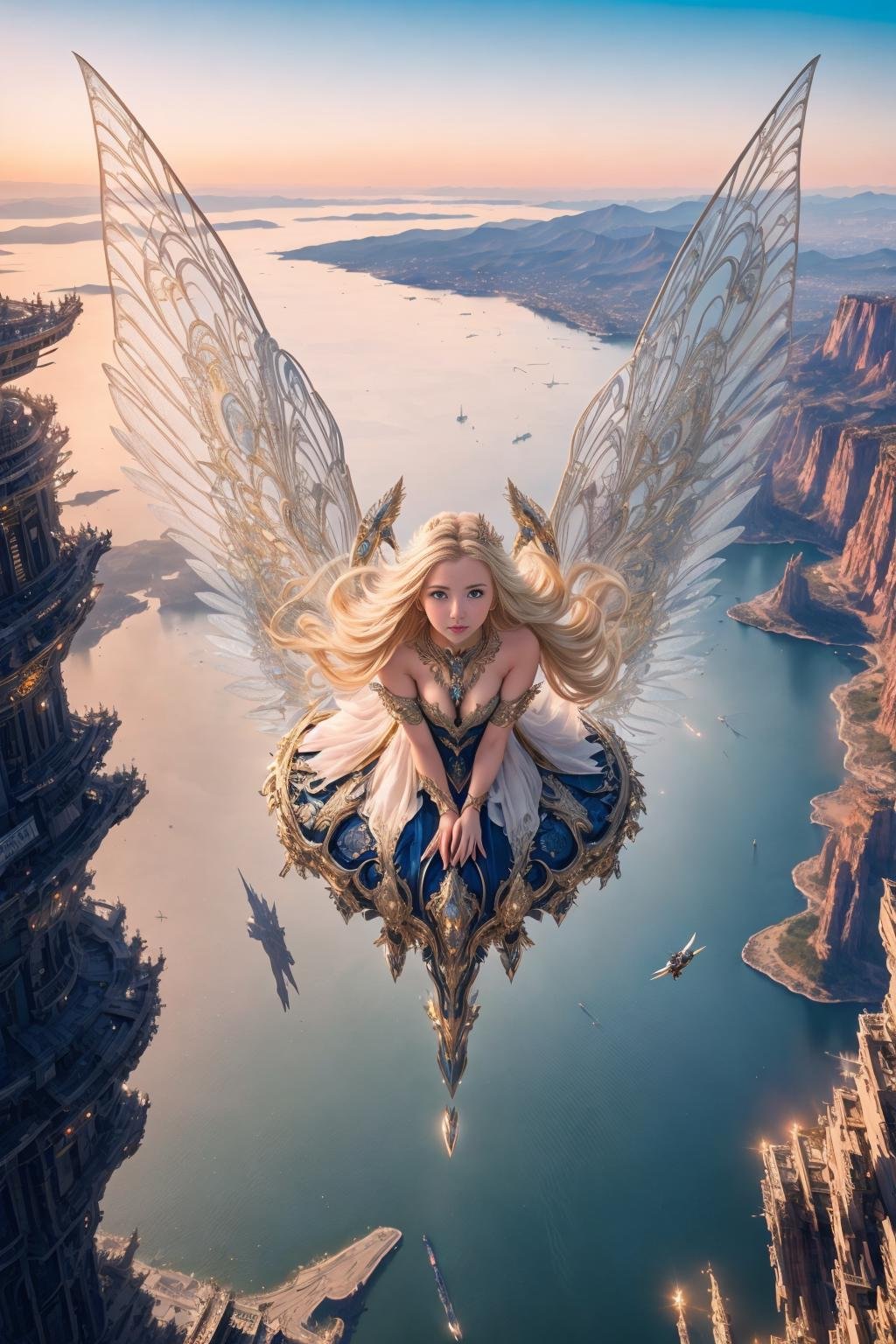 <lora:hadesarmor_v4:1>visually breathtaking masterpiece of the highest quality, featuring a blonde girl adorned in a hadesarmor complete with elegant metal wings, soaring gracefully above a dazzling cityscape. Pay meticulous attention to detail, infusing every element of the scene with awe-inspiring beauty and realism. Capture the essence of a stunning and highly detailed futuristic world as this remarkable girl takes flight, creating an image that leaves a lasting impression