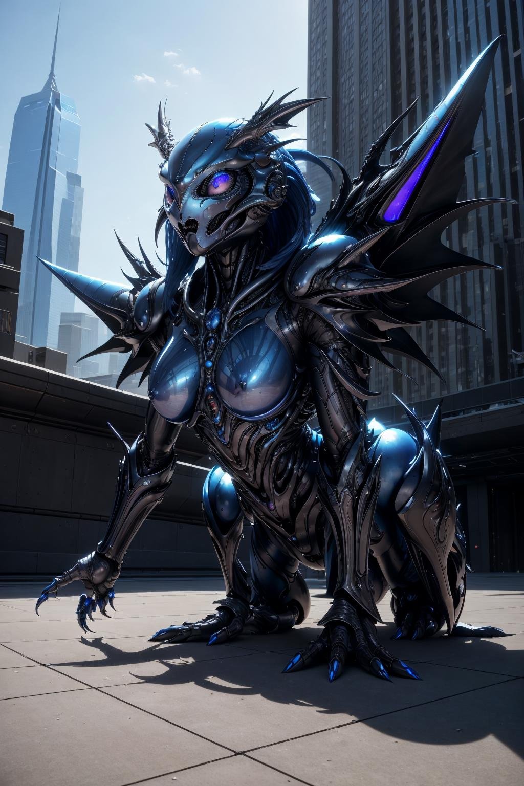 <lora:hadesarmor_v4:1>masterpiece, highly detailed photorealistic raw photography, best quality, volumetric lighting, volumetric shadows a girl in Cornflower Blue hadesarmor, musculated body, alien eyes, helmet, alien monster, claws, metal demon wings, armor reflexions, lying against the groundreal-time city background with skyscrapers